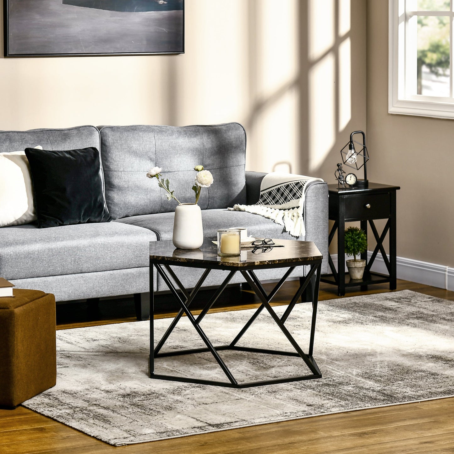 Coffee Table with High Gloss Marble Tabletop, Modern Cocktail Table with Steel Frame for Living Room, Black Coffee Tables   at Gallery Canada