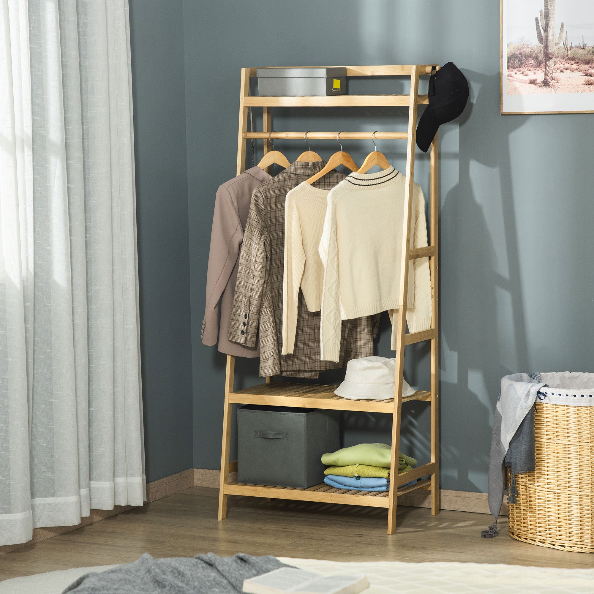 Bamboo Garment Rack, Freestanding Wooden Clothing Rack with 3 Tier Storage Shelves, Hooks and Hanging Rail for Entryway, Bedroom and Office, Natural Clothing Storage   at Gallery Canada