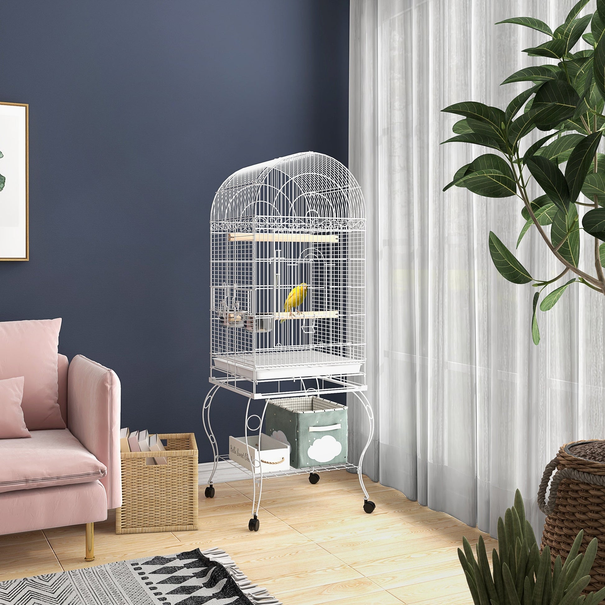 Play Open Top Bird Cage 60" Parrot Cage for Cockatiel, Sun Conure with Rolling Stand, Removable Tray, Perches, Storage Shelf White, 20.1" x 20.1" Bird Cages   at Gallery Canada