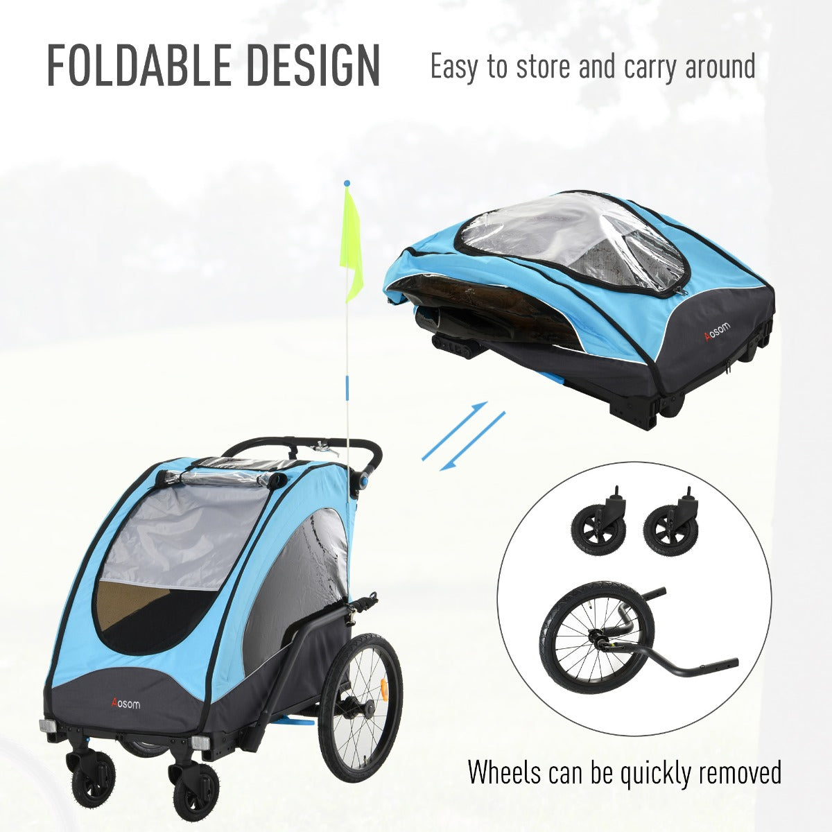 3-in-1 Foldable Child Bike Trailer Jogger Pushcar with Shock Absorbers, Blue Kids Bike Trailers   at Gallery Canada