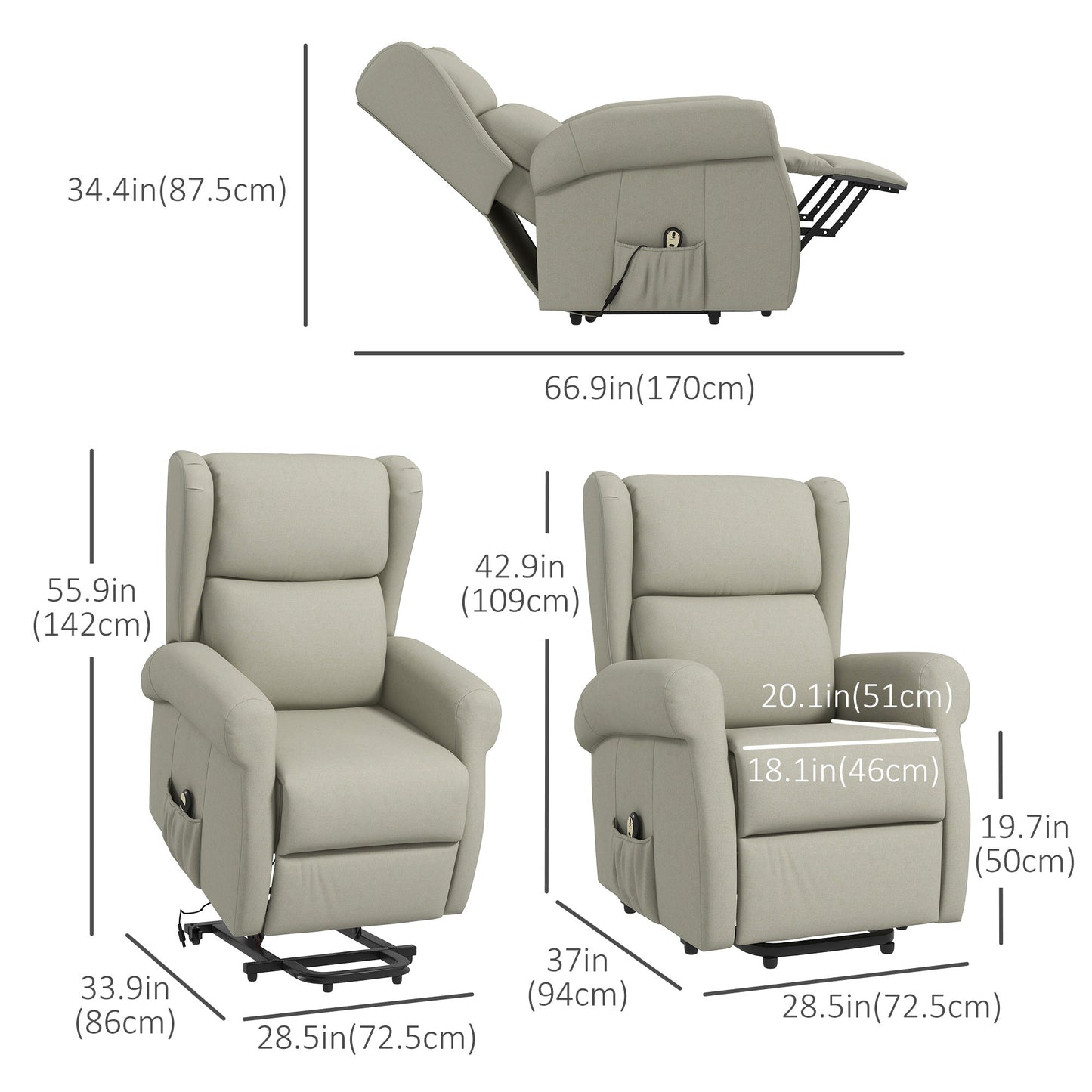 Wingback Lift Chair for Elderly, Power Chair Recliner with Footrest, Remote Control, Side Pockets, Cream White Electric Power Lift Chairs   at Gallery Canada