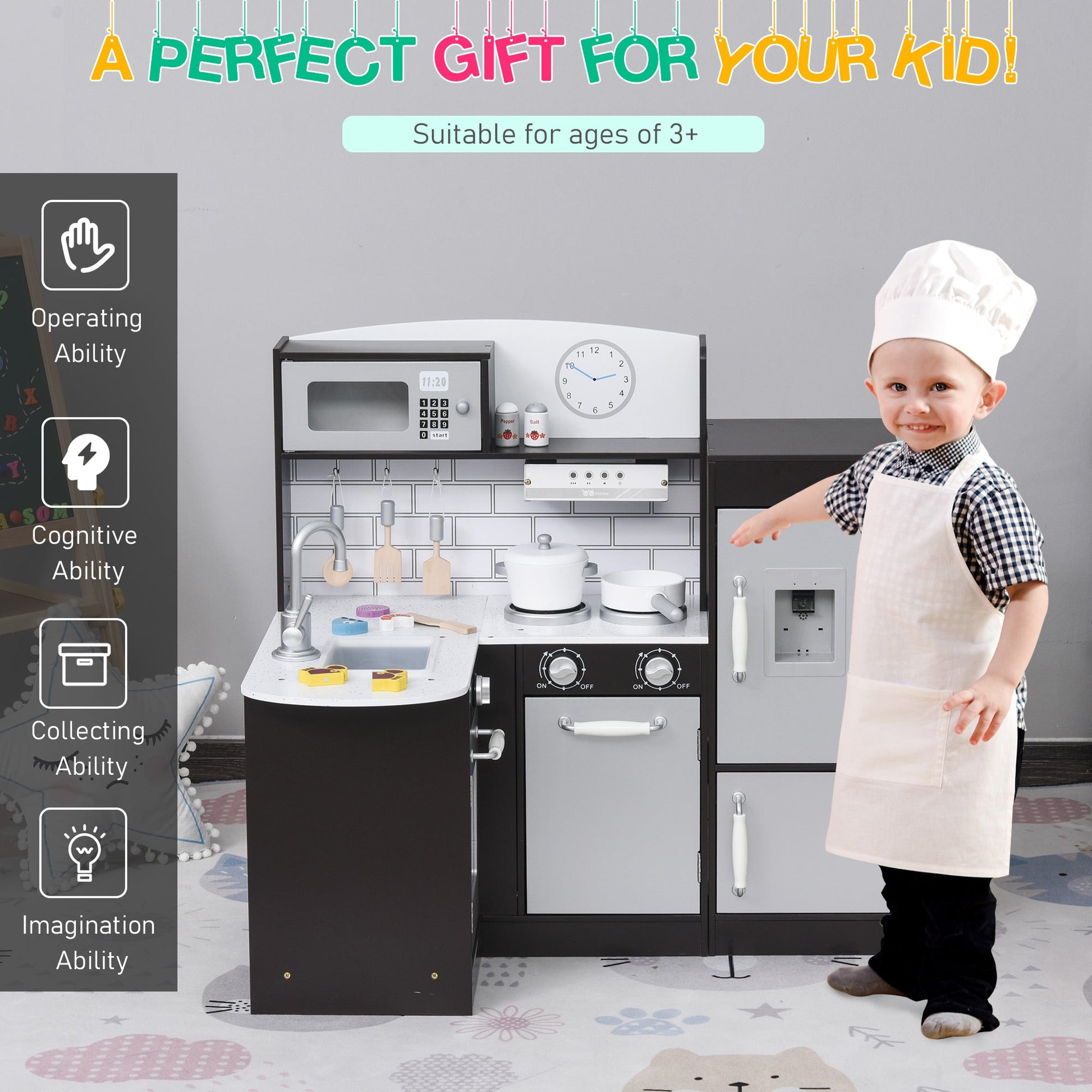 Black Kids Kitchen Play Cooking Toy Set for Children with Drinking Fountain, Microwave, and Fridge with Accessories, Dark Brown Play Kitchen   at Gallery Canada