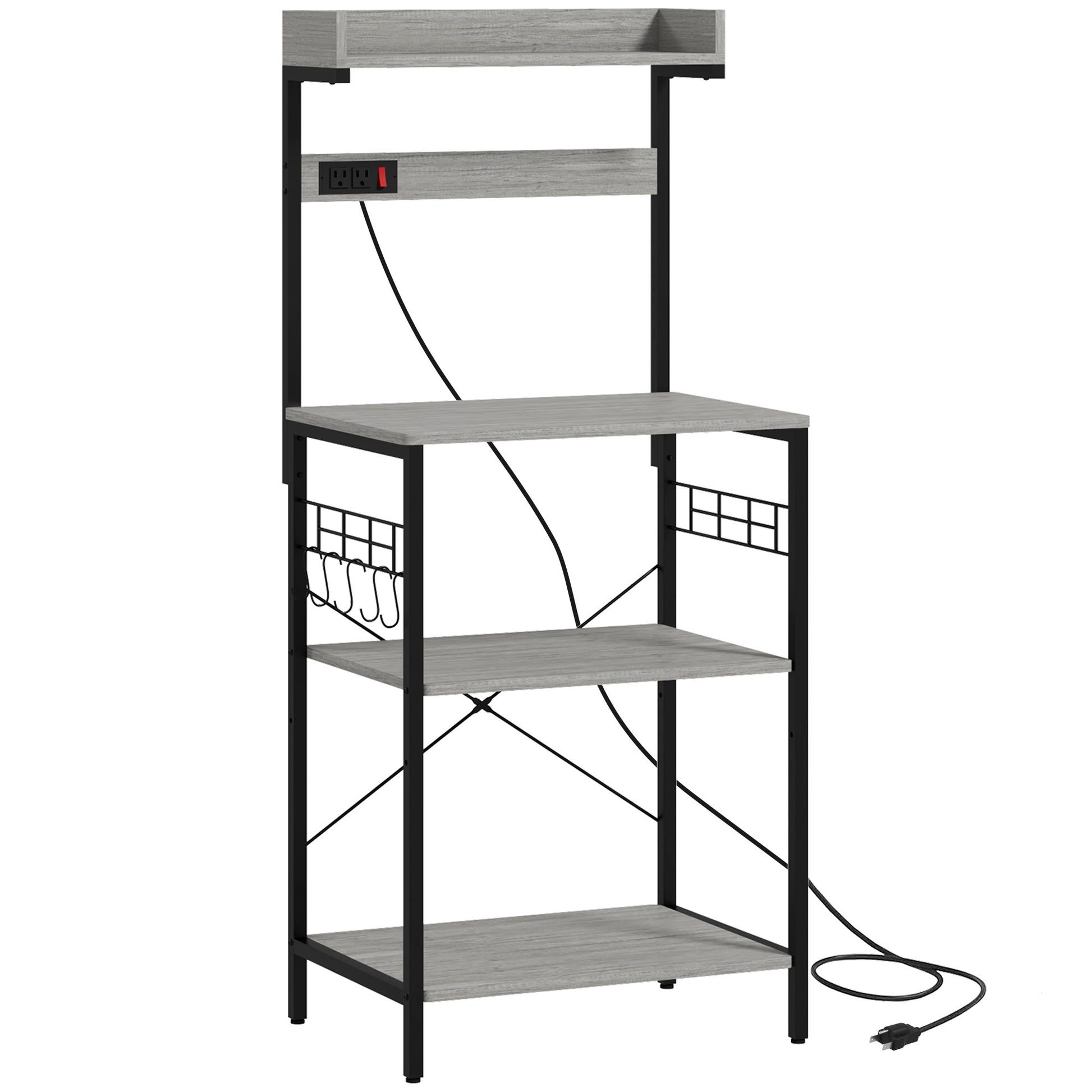 Kitchen Baker's Rack with Power Outlet, Coffee Bar Station with Adjustable Shelves and Hooks, Distressed Grey Bar Cabinets   at Gallery Canada