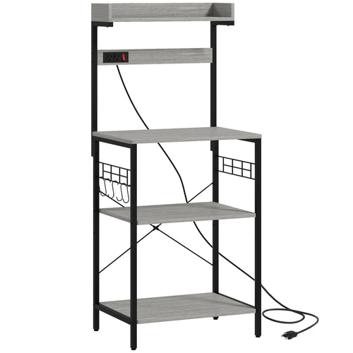 Kitchen Baker's Rack with Power Outlet, Coffee Bar Station with Adjustable Shelves and Hooks, Distressed Grey