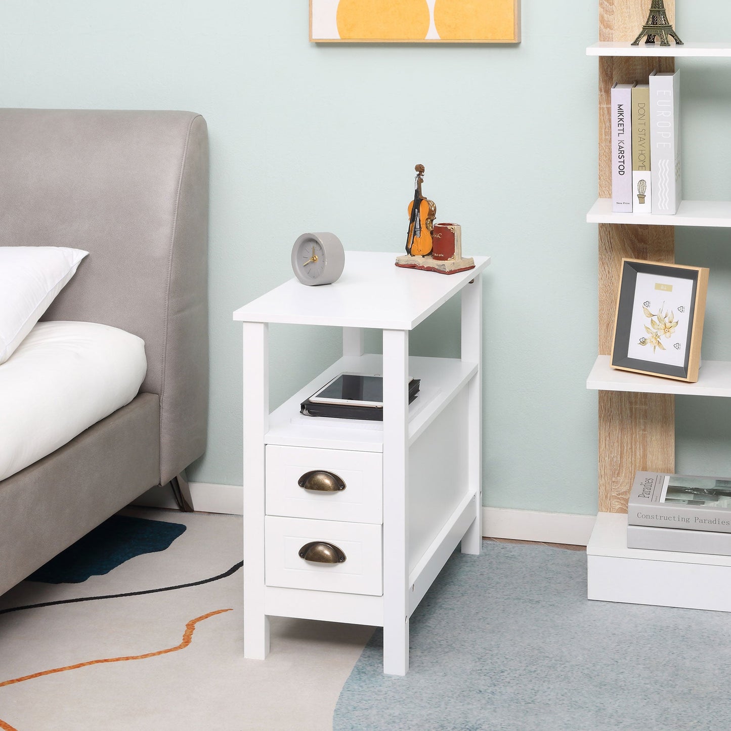 Slim End Table with 2 Drawers and Storage Shelf, Sofa Side Table for Living Room, Narrow Nightstand, White Side Tables   at Gallery Canada