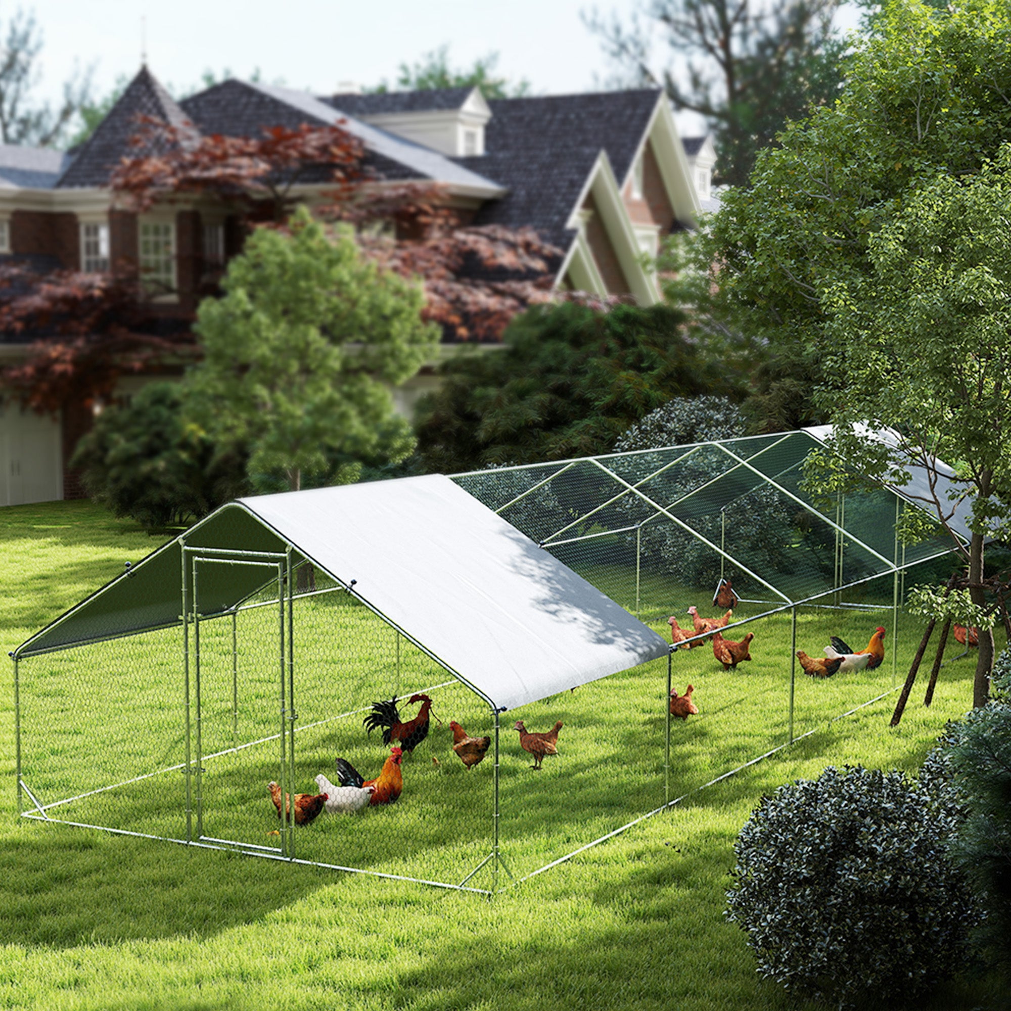 Metal Chicken Coop with Water- and UV-Protection Cover for Backyard Hen, Duck, Rabbit, 9.8' x 32.8' x 6.4' Chicken Coops at Gallery Canada