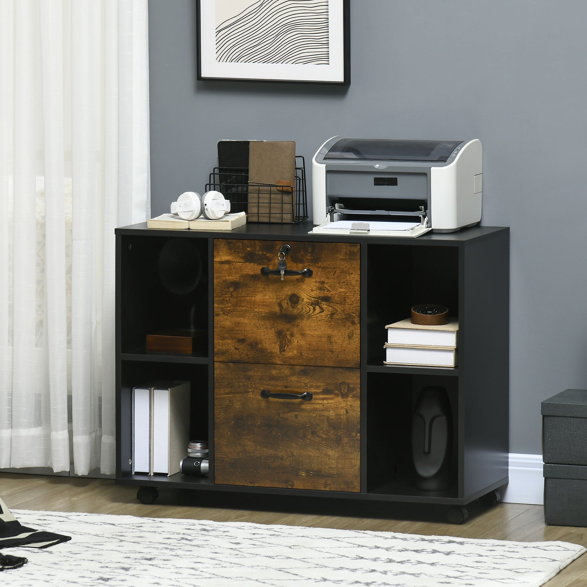 Lateral Filing Cabinet with Wheels and Lockable Drawer, File Cabinet, Mobile Printer Stand with Open Shelves for Letter and A4 Size Documents, Rustic Brown Office Cabinets & Cupboards at Gallery Canada