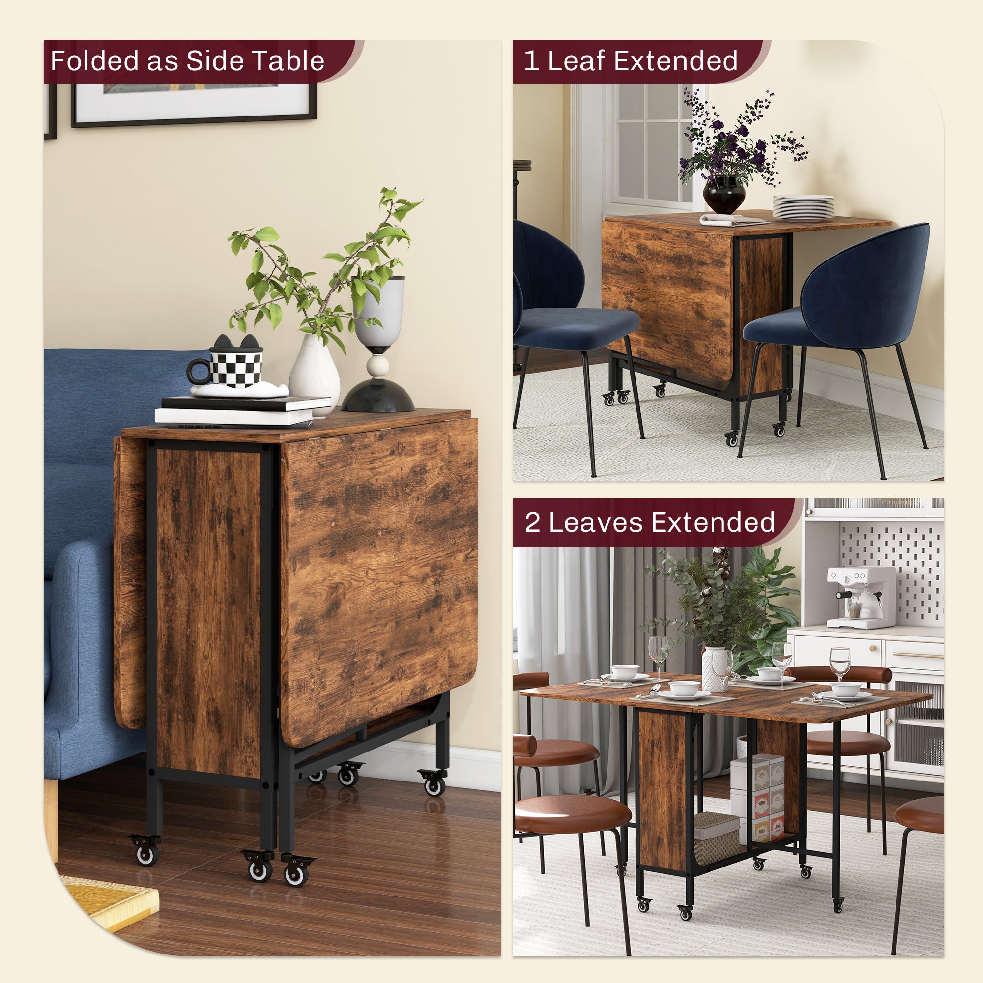 Folding Dining Table, Extendable Kitchen Table for Small Spaces with Storage Shelf and 6 Wheels, Rustic Brown Dining Tables at Gallery Canada