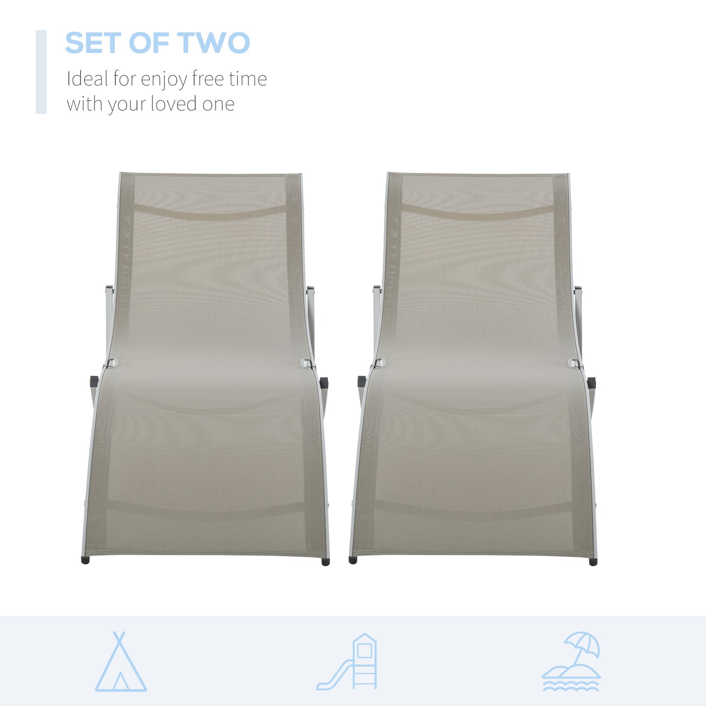 Set of 2 Foldable S-Shaped Outdoor Chaise Lounge Chairs, 264lbs Capacity, Light Grey Lounger Chairs   at Gallery Canada