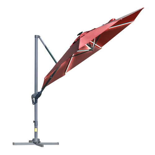 Solar LED Cantilever Sun Umbrella, 360° Rotation, Adjustable Angle, Wine Red