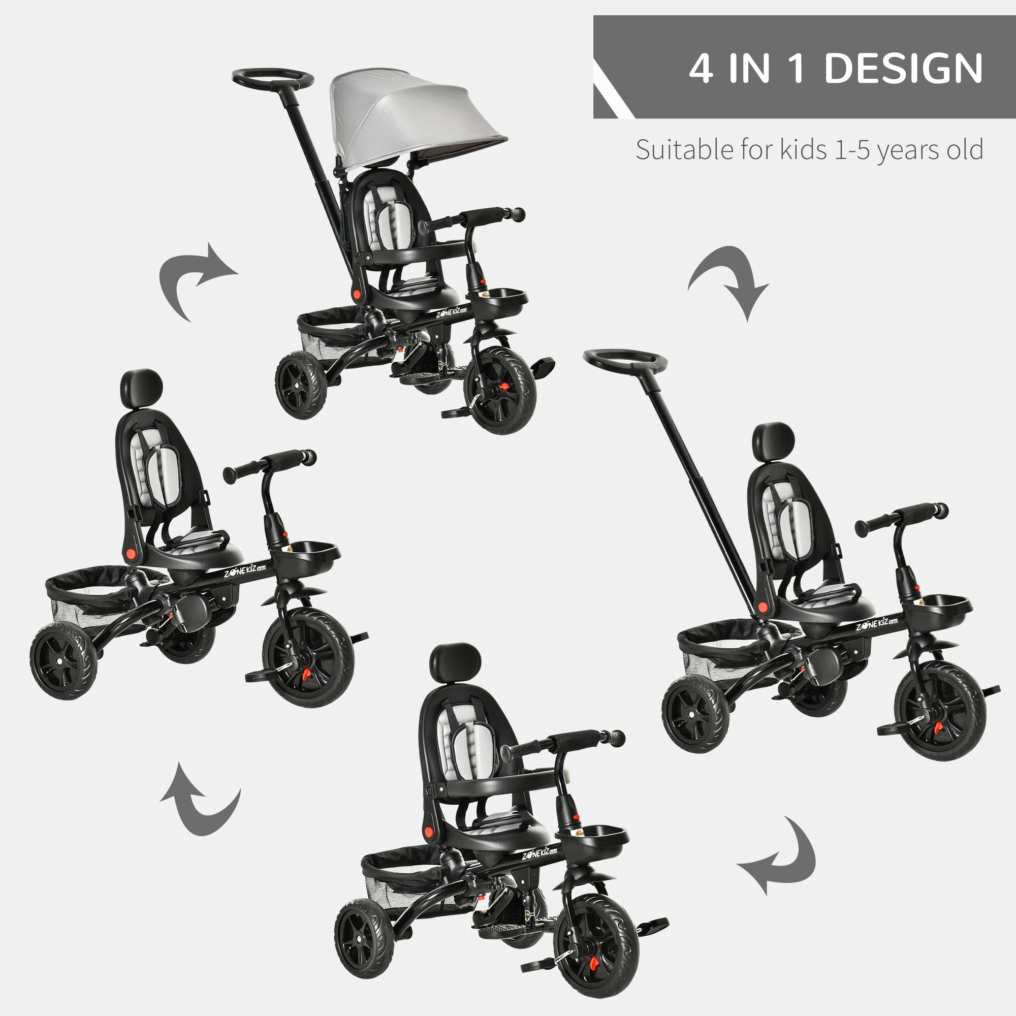 4-in-1 Baby Tricycle with Adjustable Seat, Handle, Canopy, Storage, Grey Tricycles for Kids   at Gallery Canada