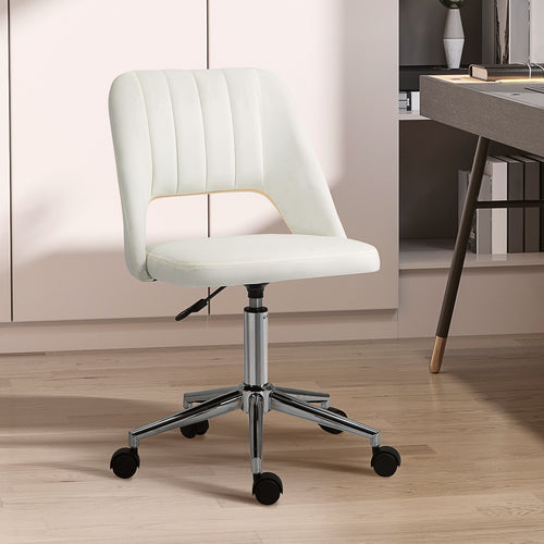 Mid Back Office Chair Velvet Fabric Swivel Scallop Shape Computer Desk Chair, Cream White