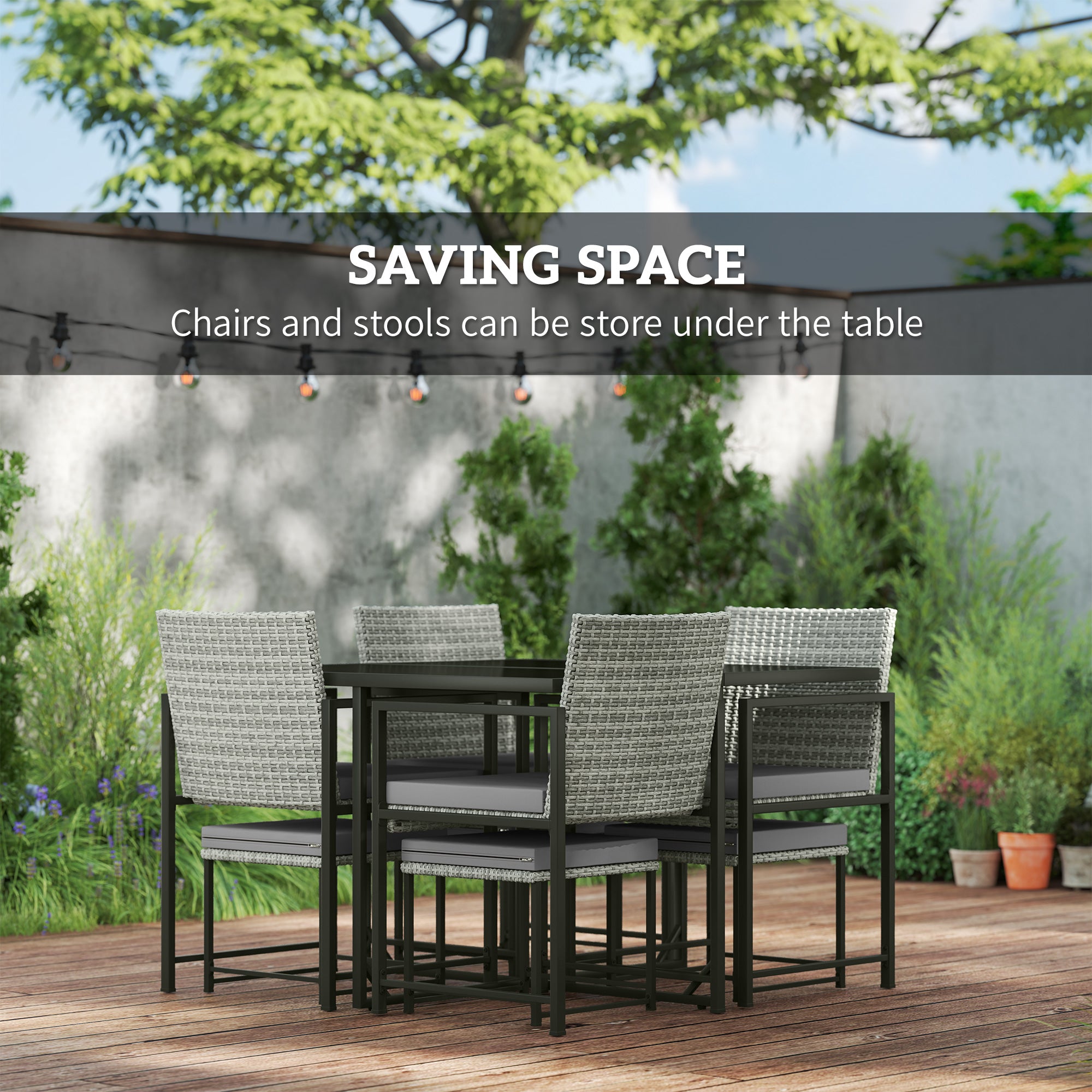 9 Pieces Wicker Patio Dining Set with 4 Armchairs, 4 Stools, Tempered Glass Top, Removable Cushions, Light Grey Outdoor Dining Sets at Gallery Canada