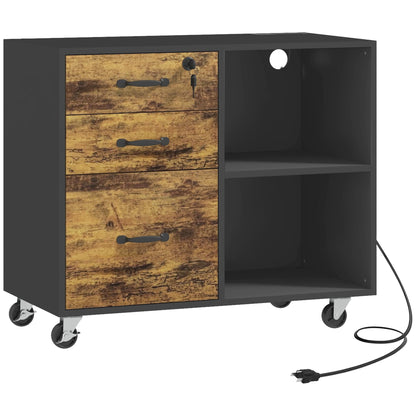 Mobile Printer Stand with Charging Station USB Ports Locking Filing Cabinet for A4 Letter Size Rustic Brown and Black Office Cabinets & Cupboards   at Gallery Canada