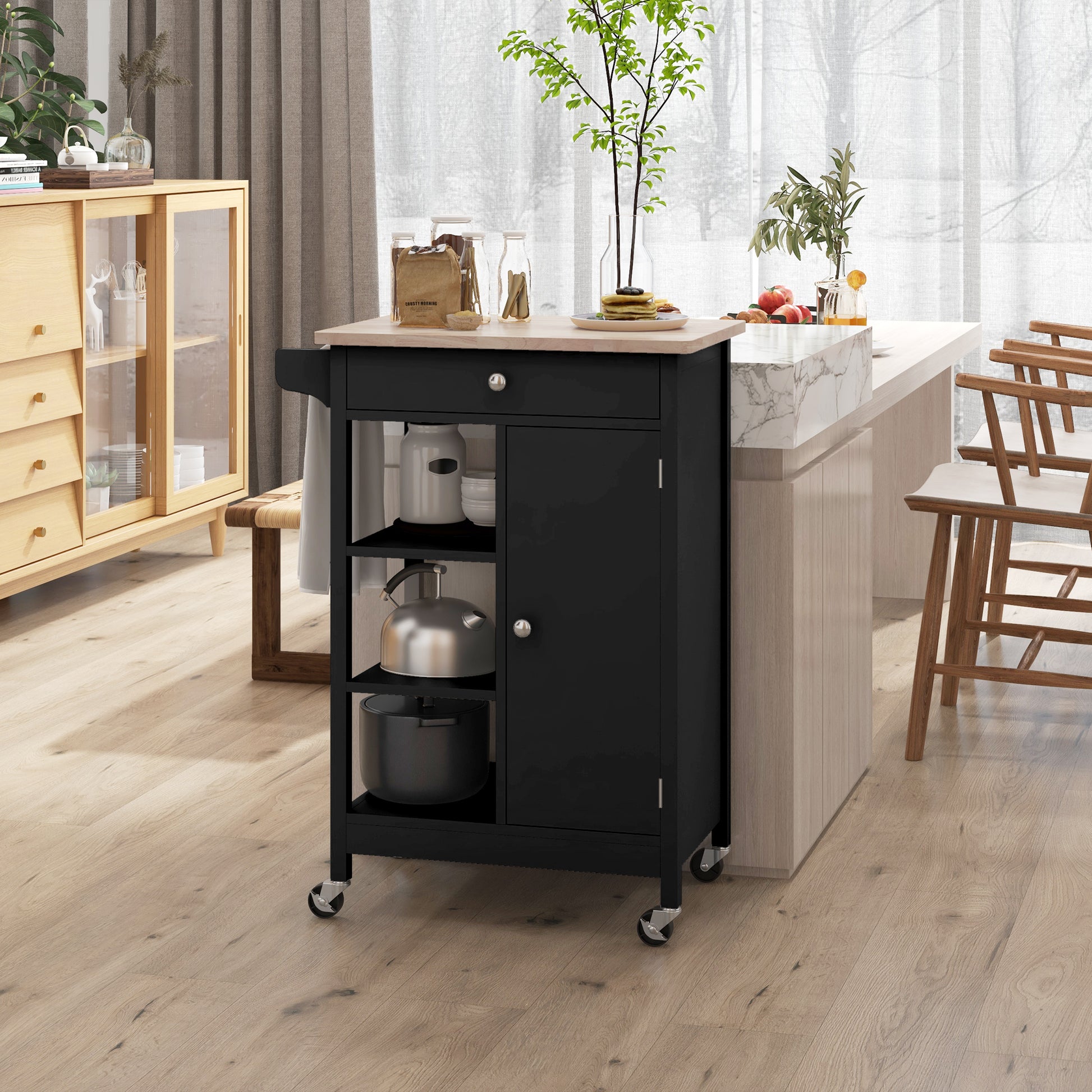 Modern Rolling Kitchen Island Cart with Drawer, Natural Wood Top, Towel Rack, Door Storage Cabinet, Black Kitchen Islands & Kitchen Carts   at Gallery Canada