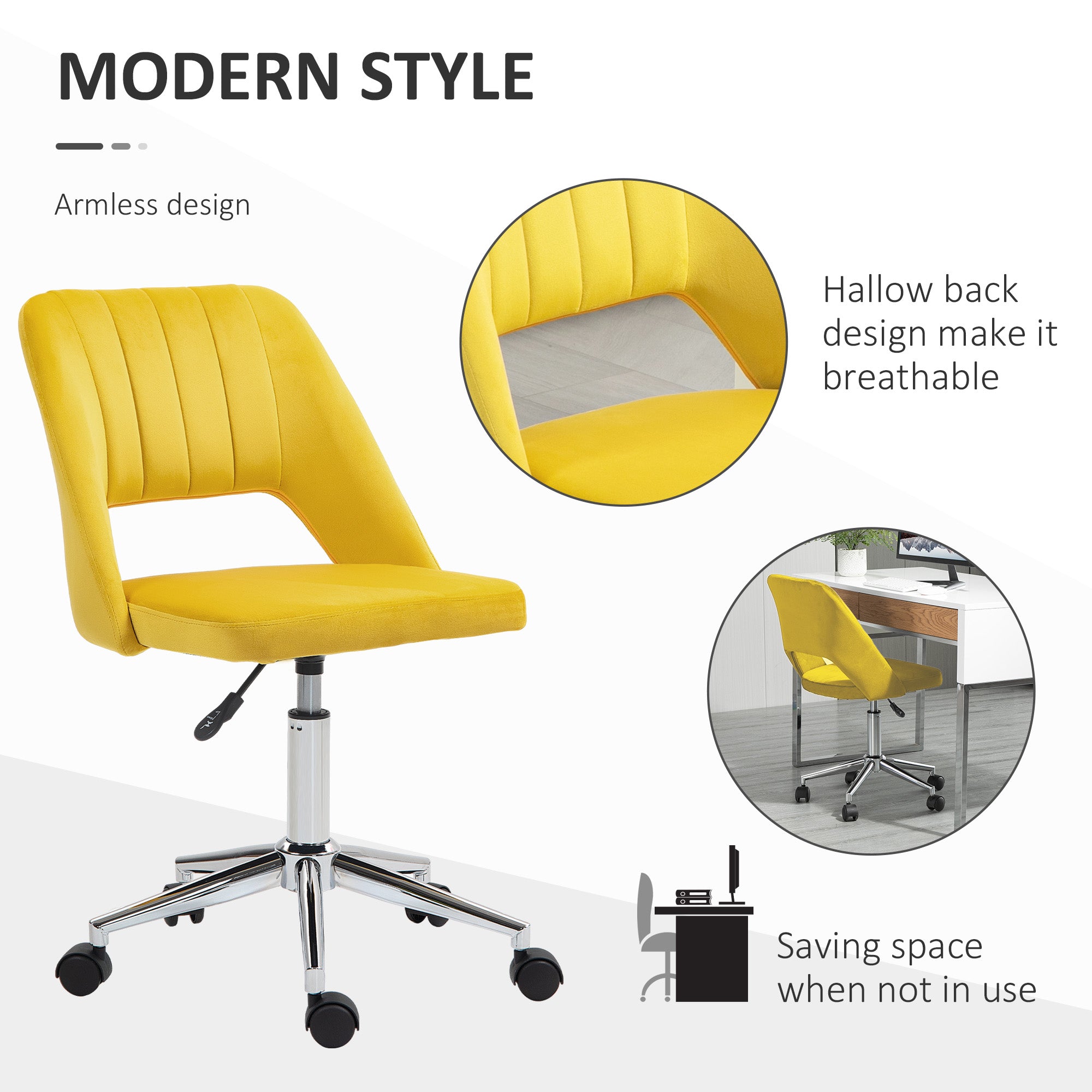 Mid Back Office Chair Velvet Fabric Swivel Scallop Shape Computer Desk Chair, Yellow Office Chairs at Gallery Canada