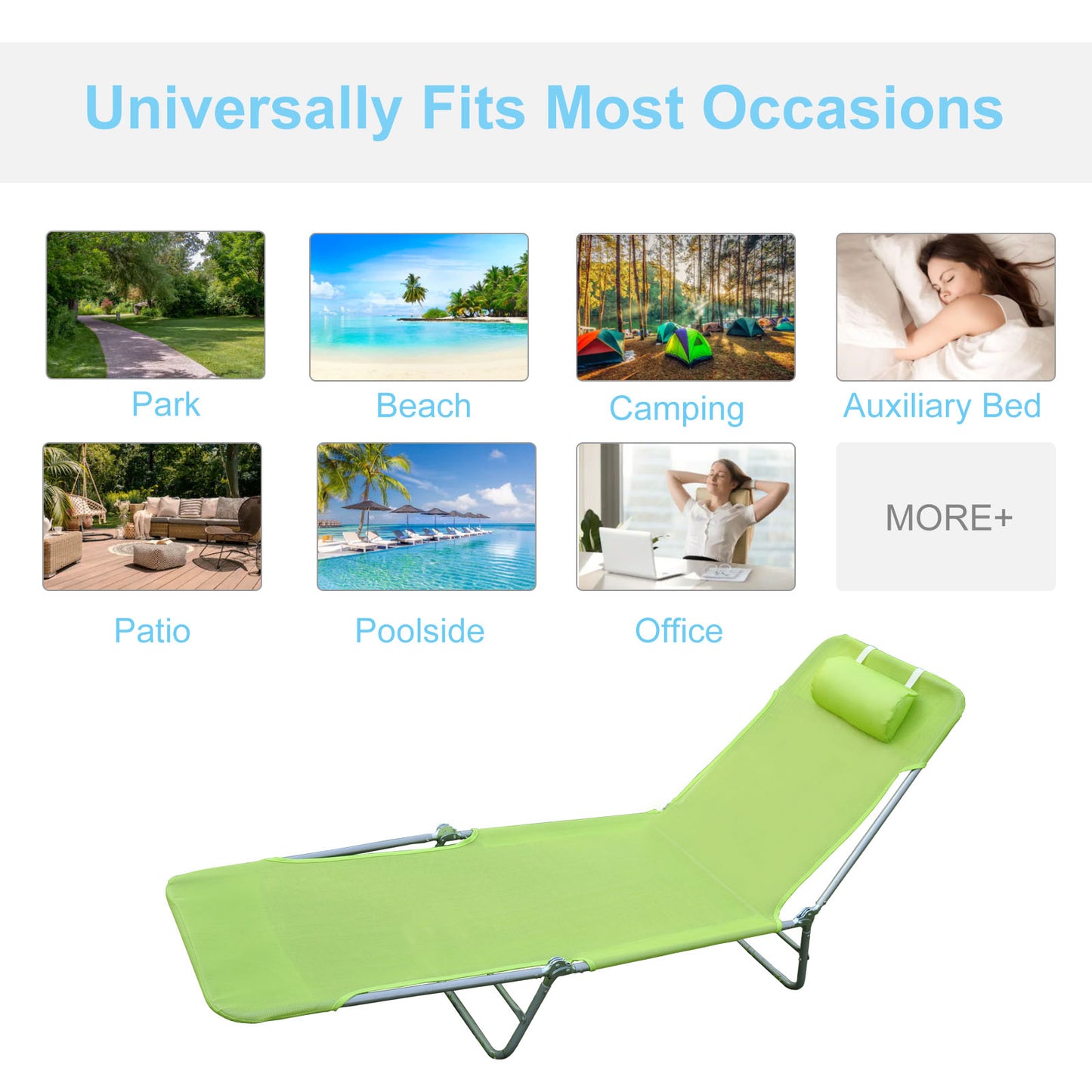 Outdoor Lounge Chair, Portable Adjustable Reclining Seat Folding Chaise Lounge Patio Camping Beach Tanning Chair Bed with Pillow, Green Lounger Chairs   at Gallery Canada