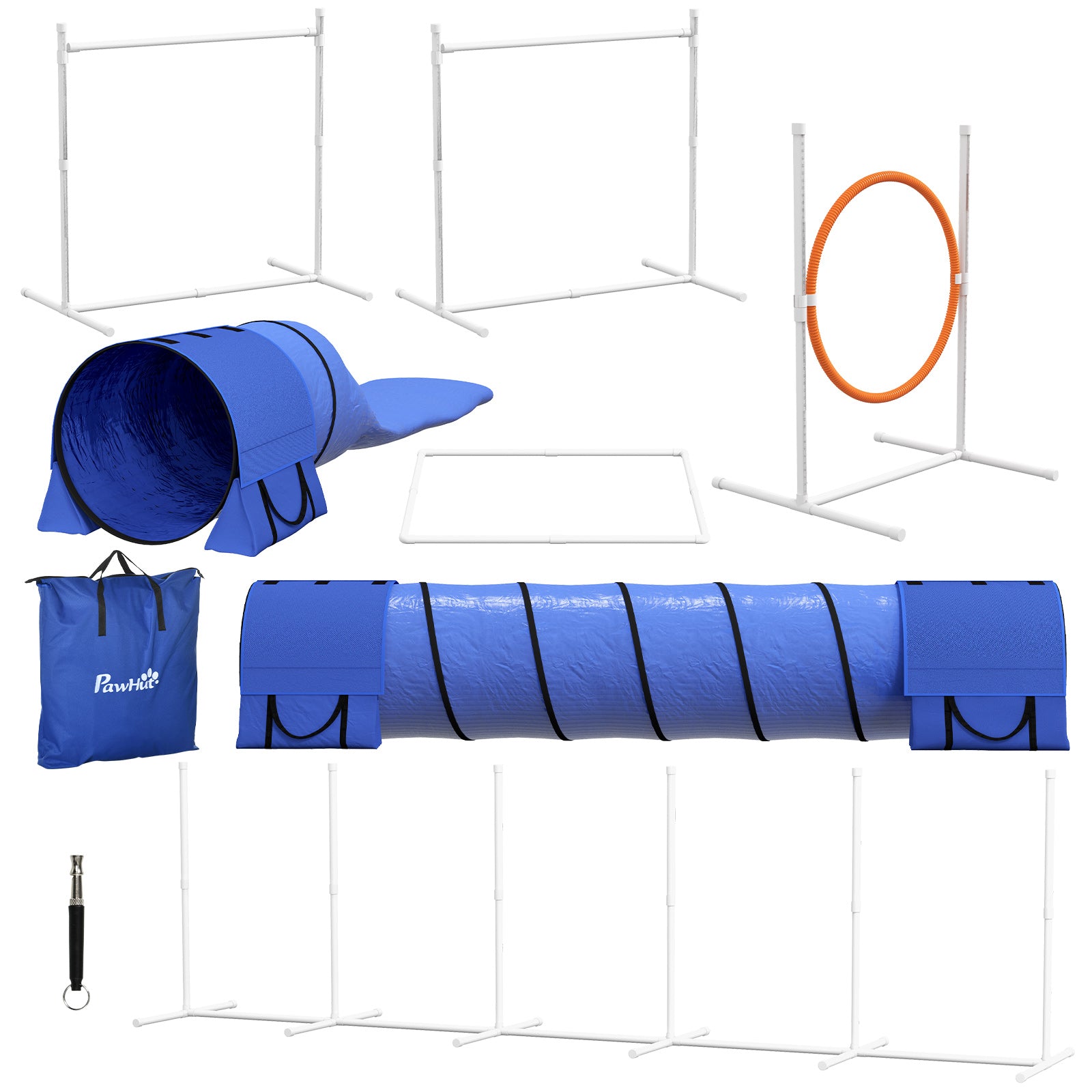 7 Pcs Dog Agility Kit w/ Tunnels, Weave Poles, Adjustable Hurdles, Jump Ring, Pause Box, Whistle, Carry Bag, Blue Dog Agility Training Equipment at Gallery Canada