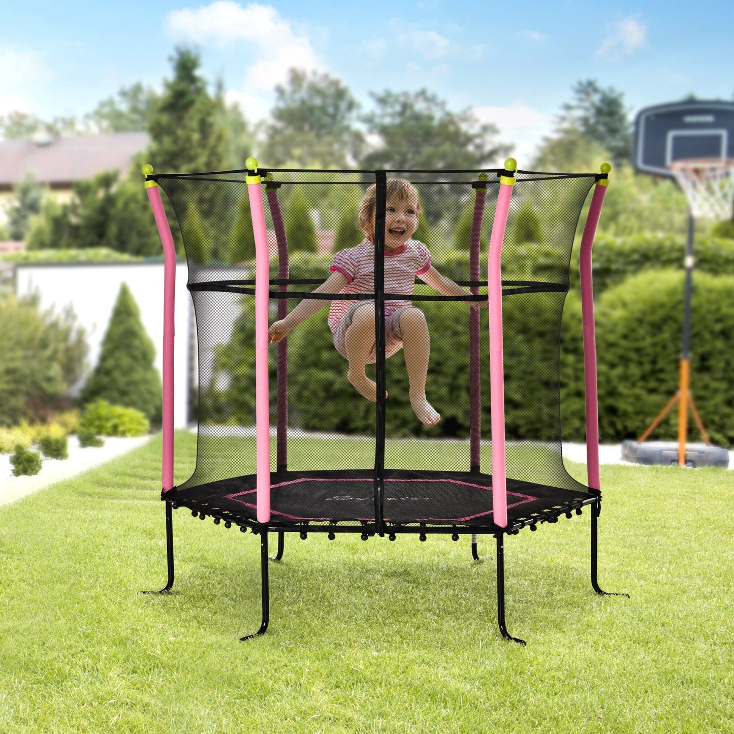 63" Kids Trampoline Mini Indoor/Outdoor Bouncer Jumper with Enclosure Net Elastic Thick Padded Pole Gift for Child Toddler Age 3-10 Years Old Pink Trampolines   at Gallery Canada