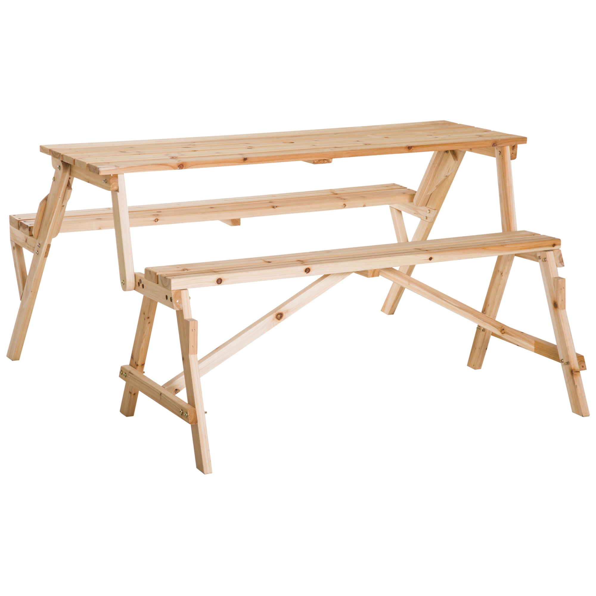 Patio Wooden Folding Picnic Table with Benches, Outdoor 2 in 1 Convertible Patio &; Garden Bench, Foldable Picnic Table with Umbrella Hole, Nature Outdoor Dining Sets Wood Colour at Gallery Canada