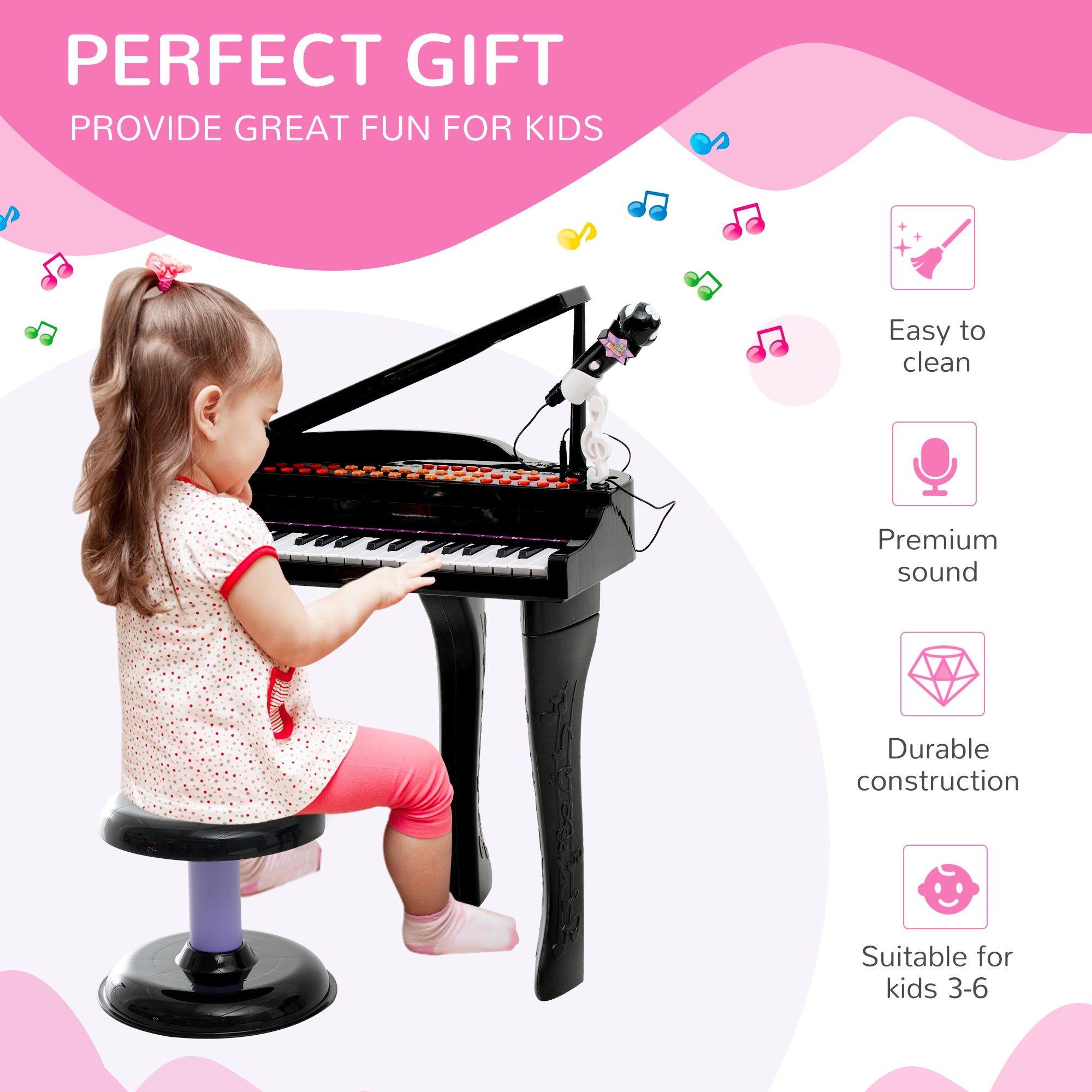 Mini Electronic Musical Piano 37 Key Keyboard Multifunction Kids Toy with Microphone Stool (Black) Electronic Musical Pianos at Gallery Canada