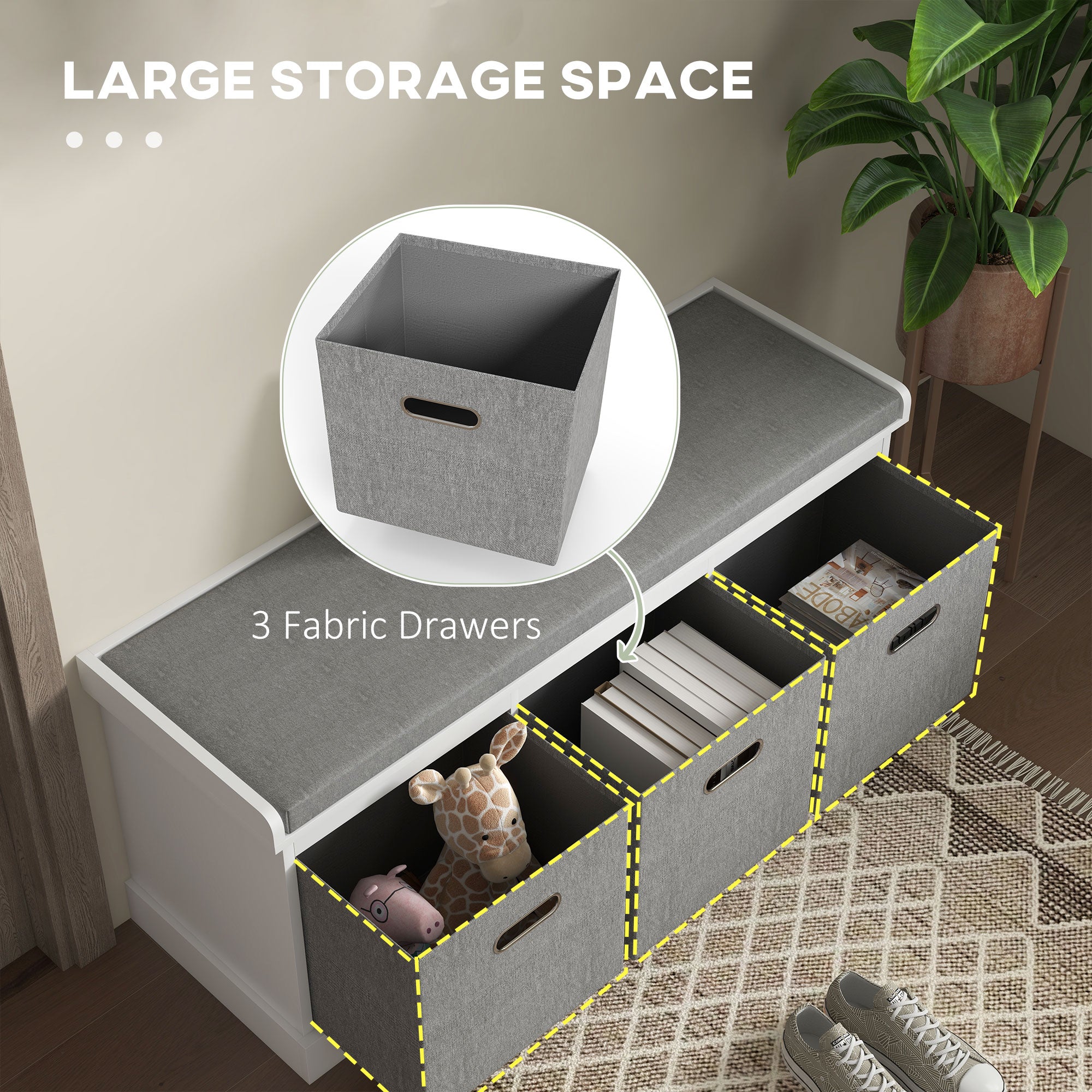 Shoe Storage Bench with Seat, Entryway Bench Seat with Cushion, 3 Fabric Drawers for Hallway, White Shoe Storage Cabinets & Racks   at Gallery Canada