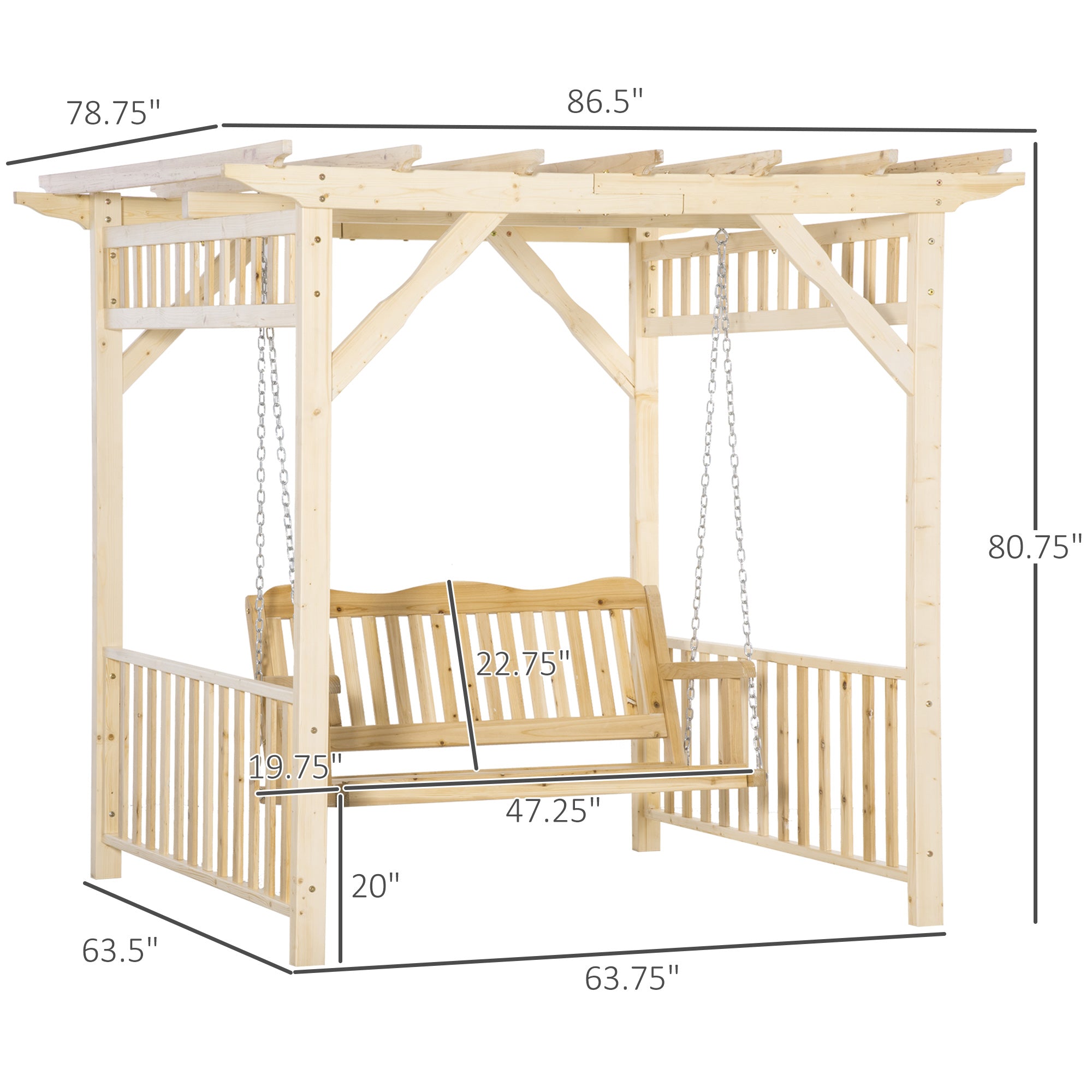 Patio Swing Chair with Pergola, 2-Person Wooden Gazebo Swing Bench Sun Shelter for Garden, Poolside, Backyard, Deck Patio Swings with Stand at Gallery Canada