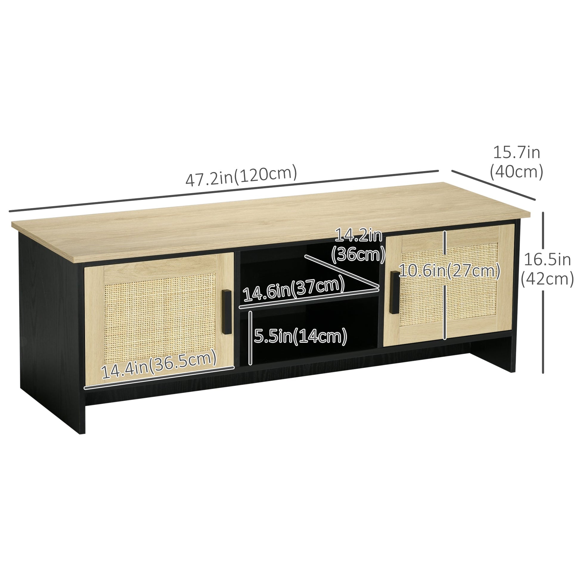 TV Stand for 60 inches, TV Cabinet with 2 Shelves, 2 Cable Managements and 2 Rattan Door Cabinets, Natural TV Stands   at Gallery Canada