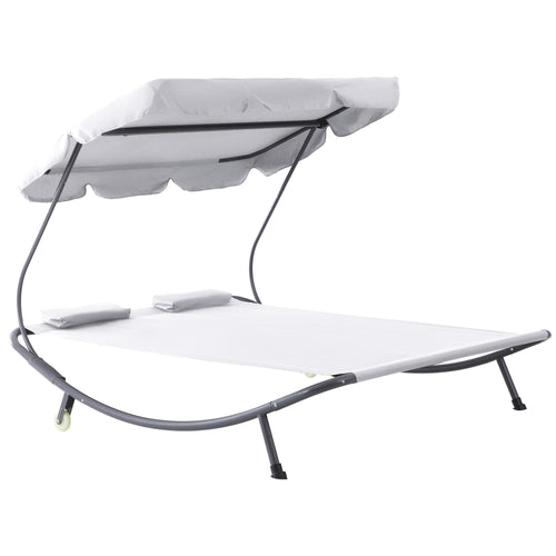 Patio Double Chaise, Outdoor Lounge Bed with Canopy and Headrest Pillow, Portable Patio Sunbed Hammock Lounger, Cream White