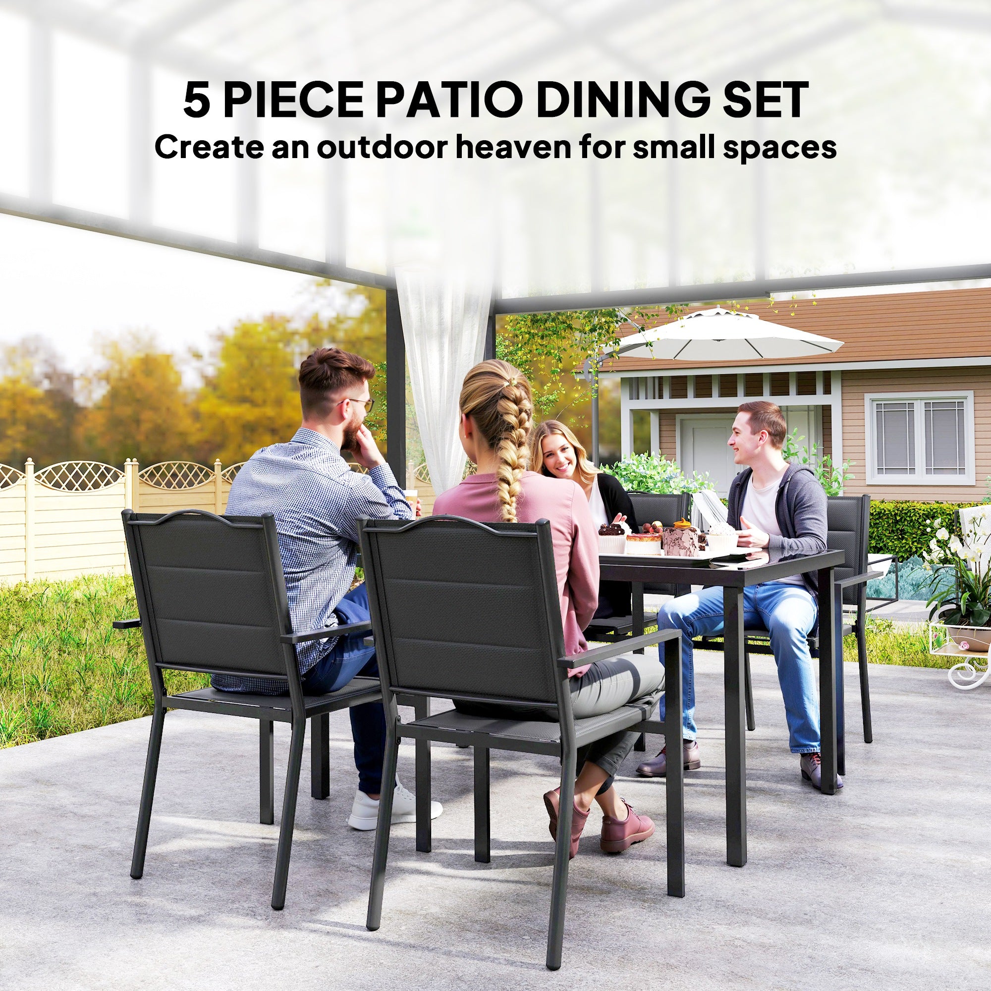 5 Piece Outdoor Dining Set w/ 4 Stackable Chairs, Rectangle Table, Tempered Glass Top, Steel Frame, Black Outdoor Dining Sets at Gallery Canada