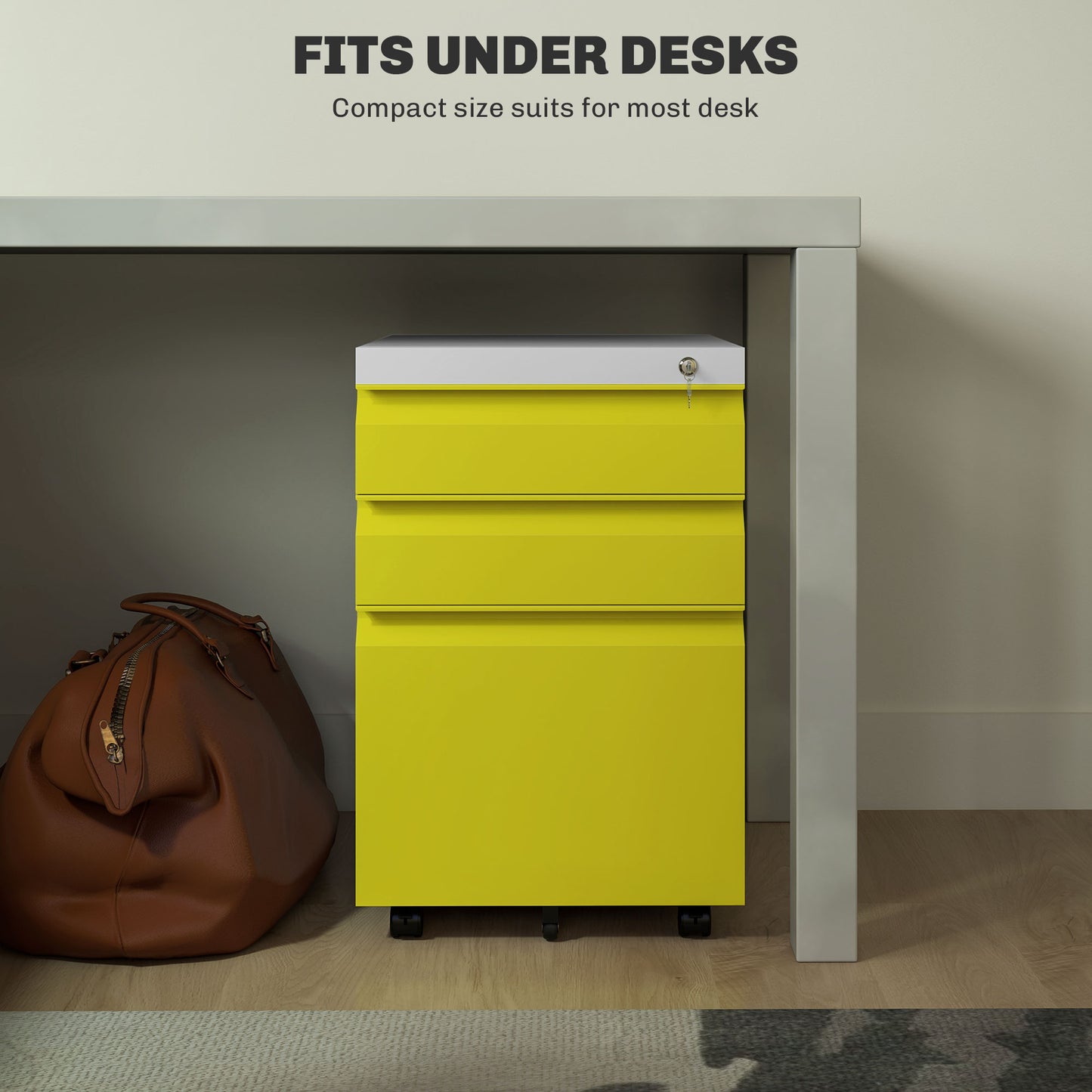 3 Drawer Filing Cabinet, Lockable Office Storage Cabinet on Wheels for Legal, Letter, A4 Files, Yellow Office Cabinets & Cupboards   at Gallery Canada