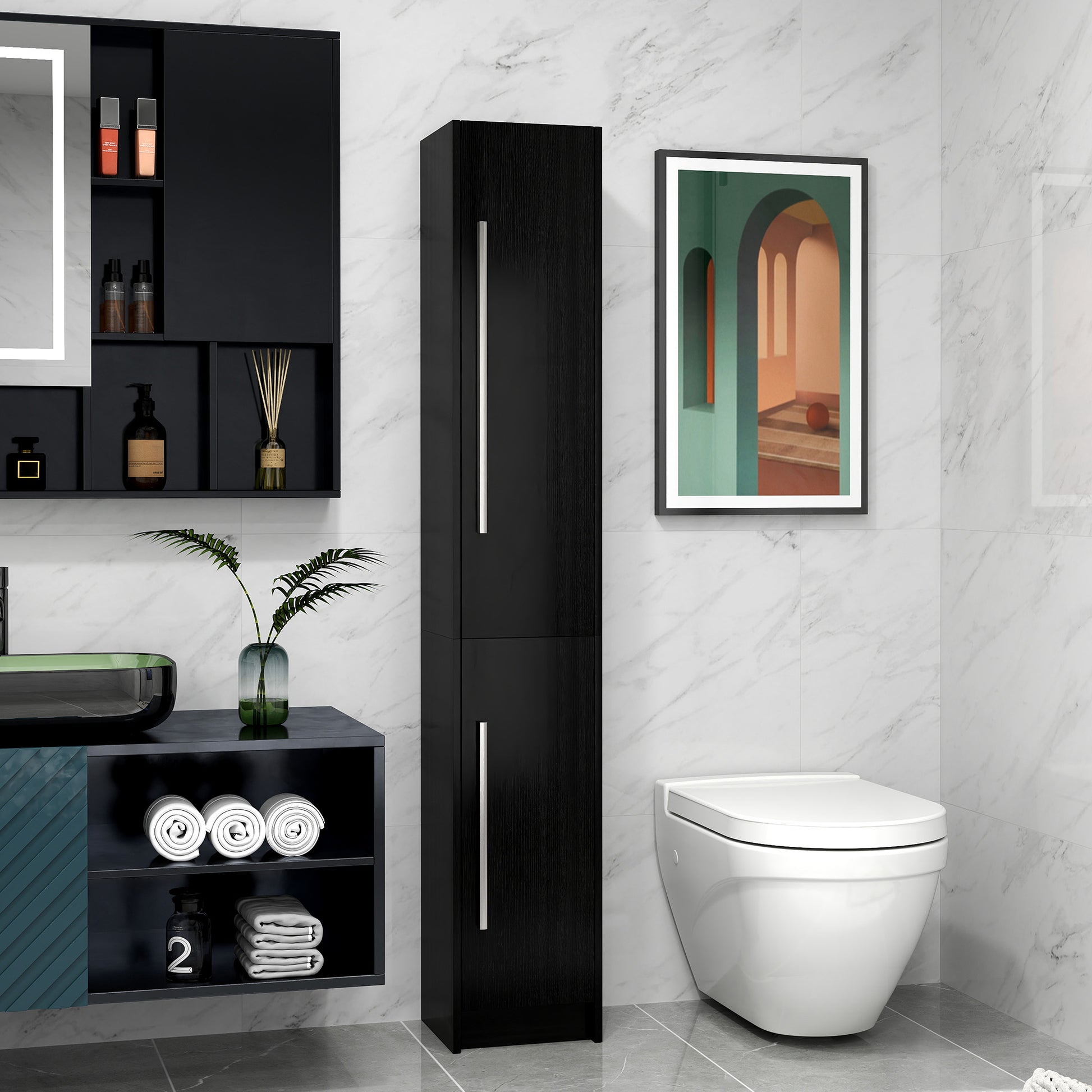 Freestanding Tall Bathroom Storage Cabinet with Adjustable Shelves, Bathroom Organizer, Black Wood Grain Bathroom Cabinets   at Gallery Canada