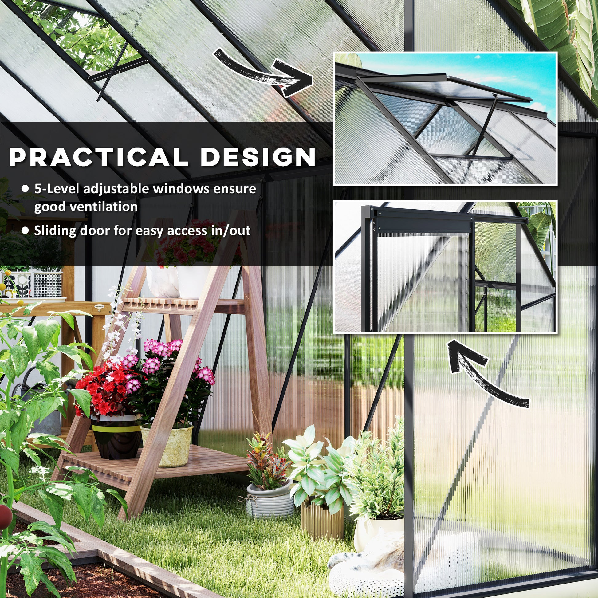 6' x 12' x 6.5' Polycarbonate Greenhouse, Walk-in Green House with Adjustable Roof Vent Galvanized Base Sliding Door Rain Gutter for Outdoor Garden Backyard, Charcoal Grey Walk In Greenhouses at Gallery Canada