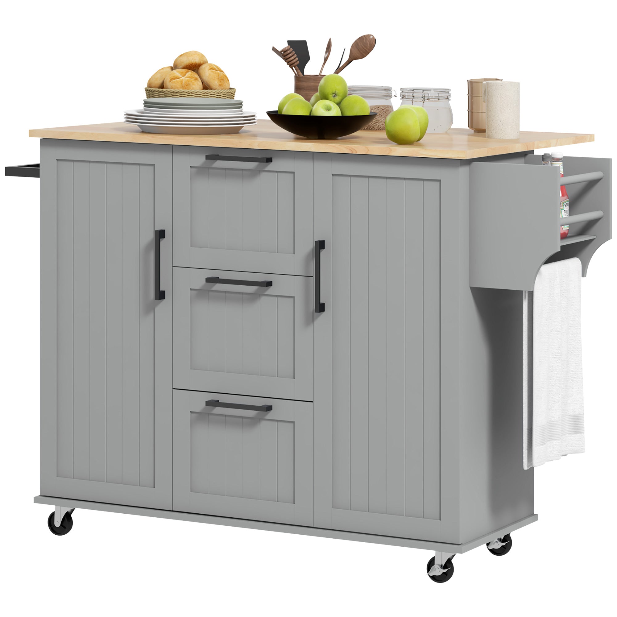 Rolling Kitchen Cart on Wheels with Drop Leaf, Kitchen Island with 3 Drawers, Solid Wood Top and Towel Rack, Grey Kitchen Islands & Kitchen Carts   at Gallery Canada