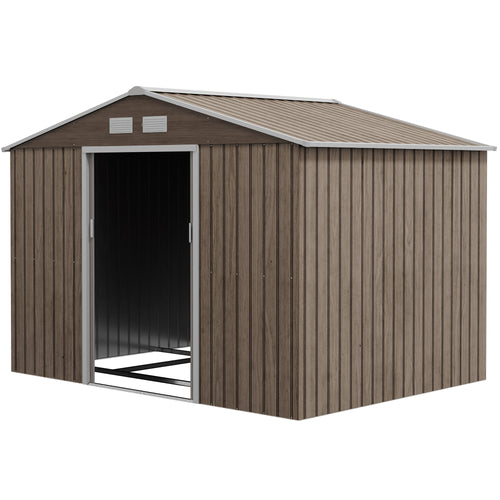 9.1'x6.4'x6.3' Garden Storage Shed w/ Foundation Kit Metal Tool Storage House w/ Double Doors Distressed Light Brown