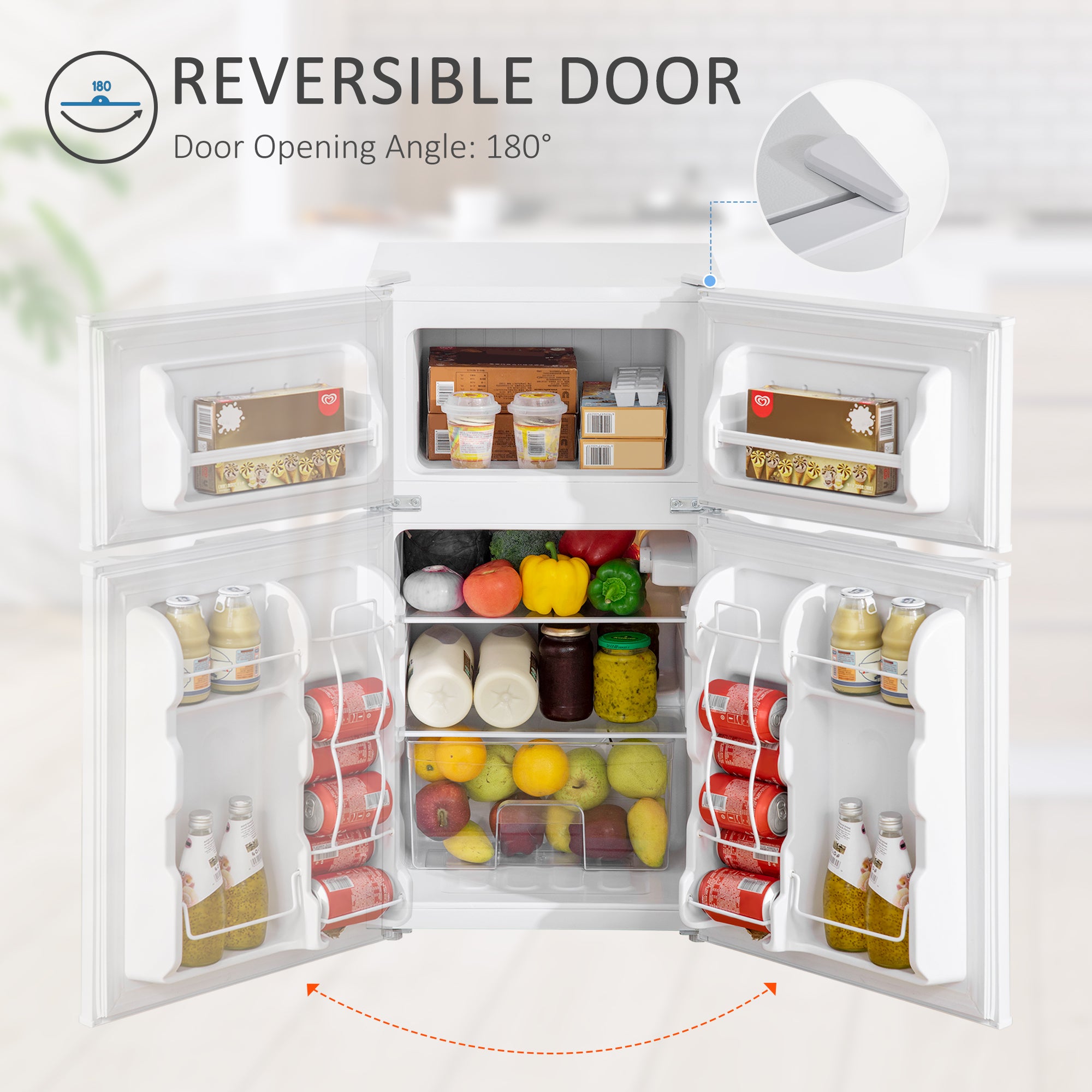3.2 Cu Ft Compact Refrigerator, Mini Fridge with Freezer, Adjustable Shelves and Reversible Doors for Bedroom, White Small Kitchen Appliances at Gallery Canada