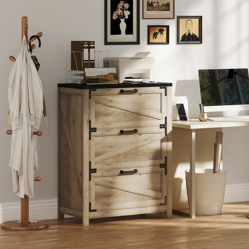3 Drawer Filing Cabinet, Farmhouse Office Storage Cabinet with Adjustable Hanging Bars for Letter, A4, Legal Size, Grey