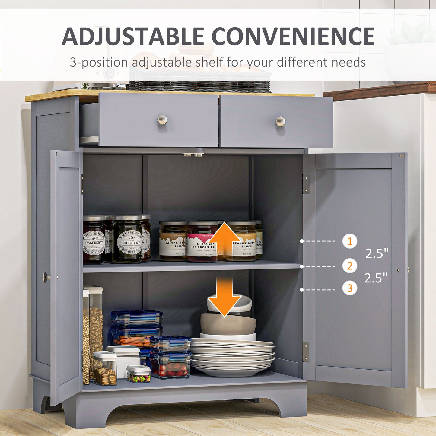 Kitchen Storage Cabinet with Adjustable Shelf, 2 Drawers and 2 Doors, Sideboard Buffet Cabinet, Grey Storage Cabinets   at Gallery Canada