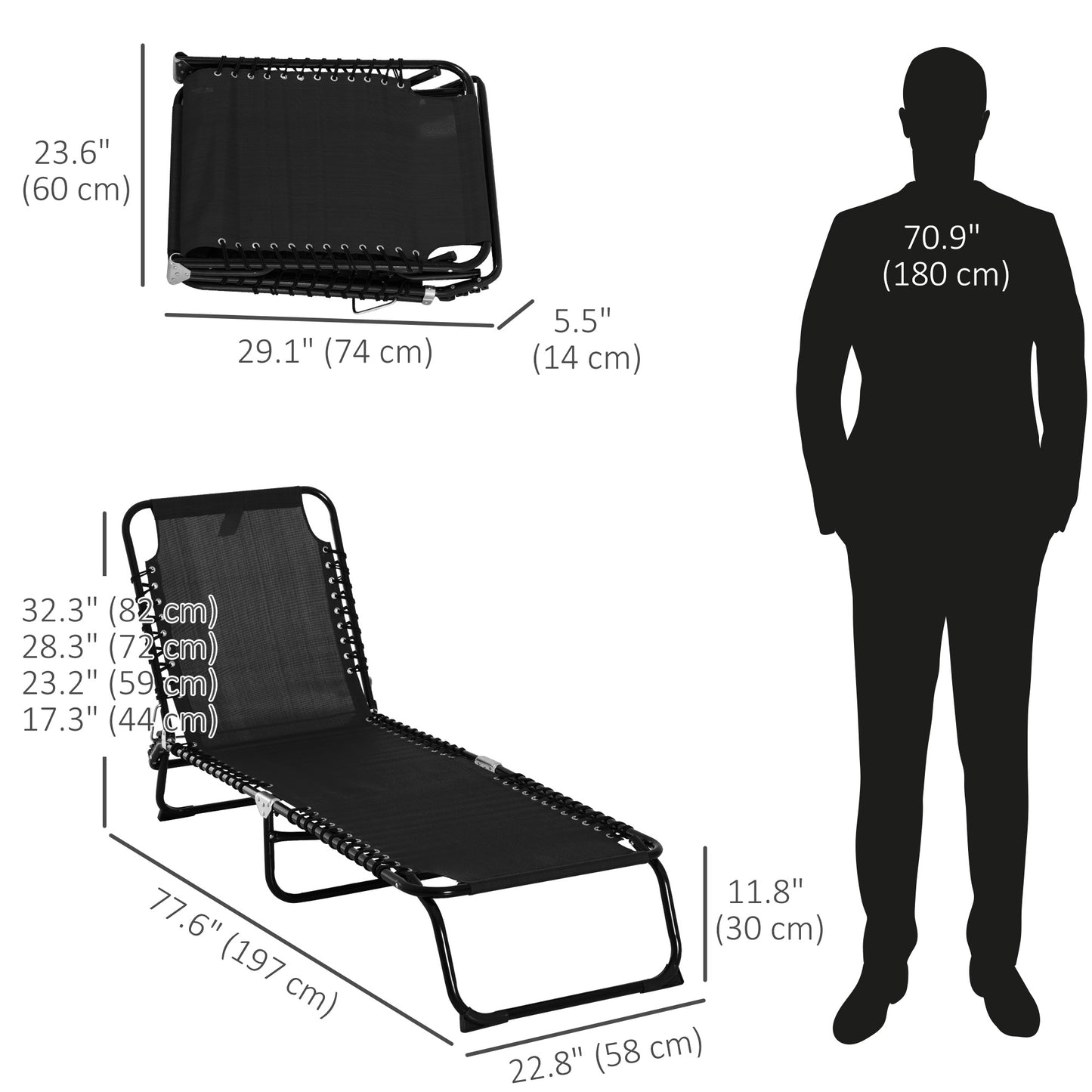 4-Level Adjustable Outdoor Folding Lounge Chair with Headrest, Black Lounger Chairs   at Gallery Canada