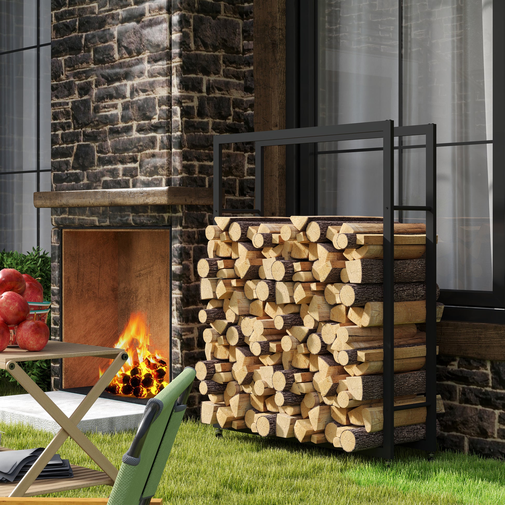 Outdoor Firewood Rack with Wheels Heavy Duty Steel Wood Log Storage Stacker for Fireplace, Black Firewood Racks Black  at Gallery Canada