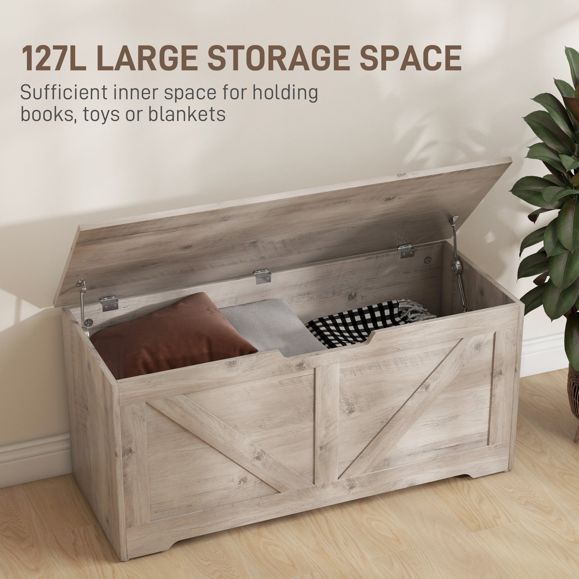 39.4 Inches Storage Chest, Storage Trunk with 2 Safety Hinges, Wooden Toy Box for Living Room, Grey Wood Grain Storage Cabinets   at Gallery Canada