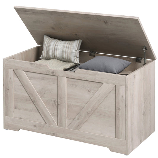 31.5 Inches Storage Chest, Storage Trunk with 2 Safety Hinges, Wooden Toy Box for Living Room, Grey Wood Grain Storage Cabinets   at Gallery Canada