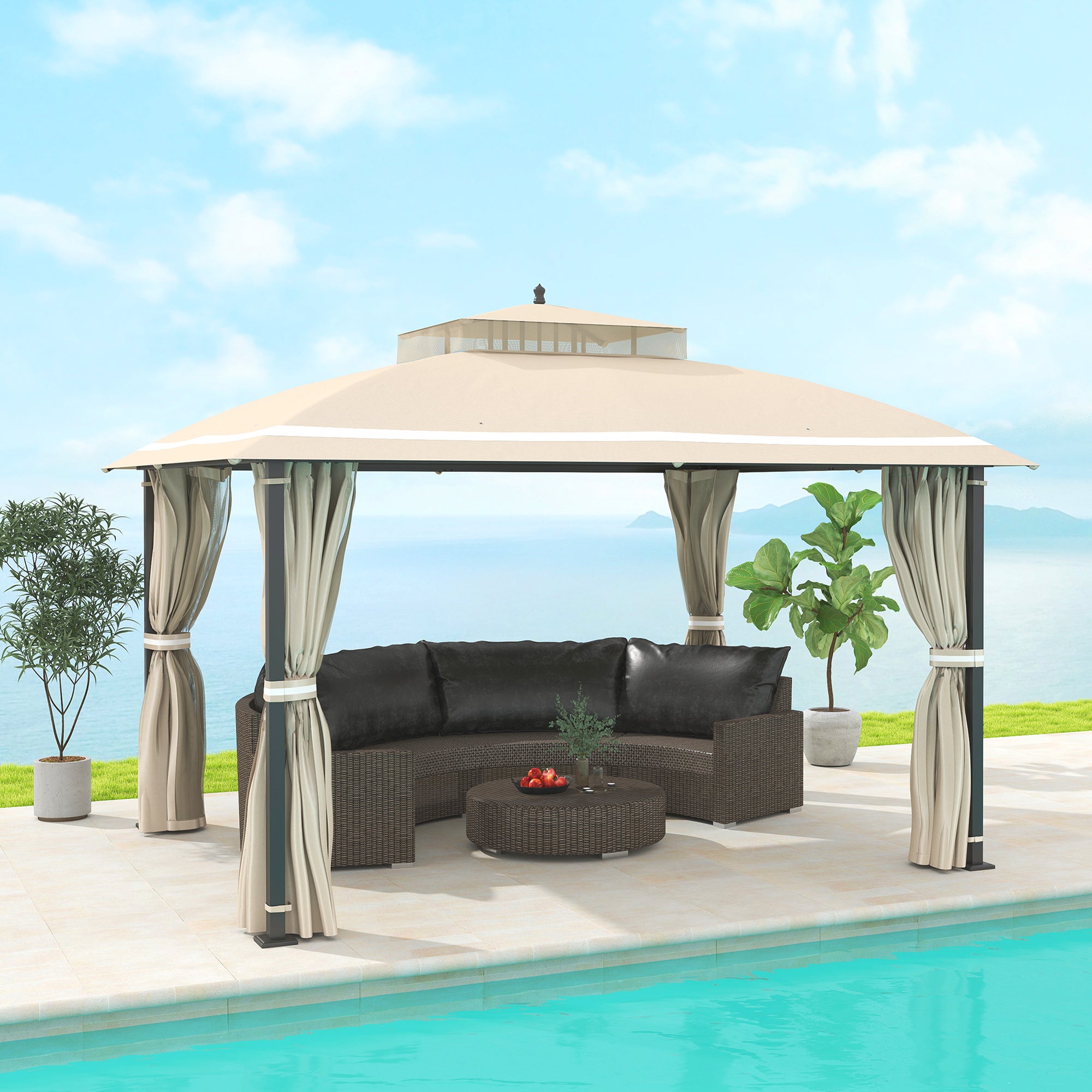 10' x 12' Outdoor Gazebo, Double Roof Patio Gazebo Canopy with Netting and Curtains for Garden, Lawn, Backyard, Deck Gazebos at Gallery Canada