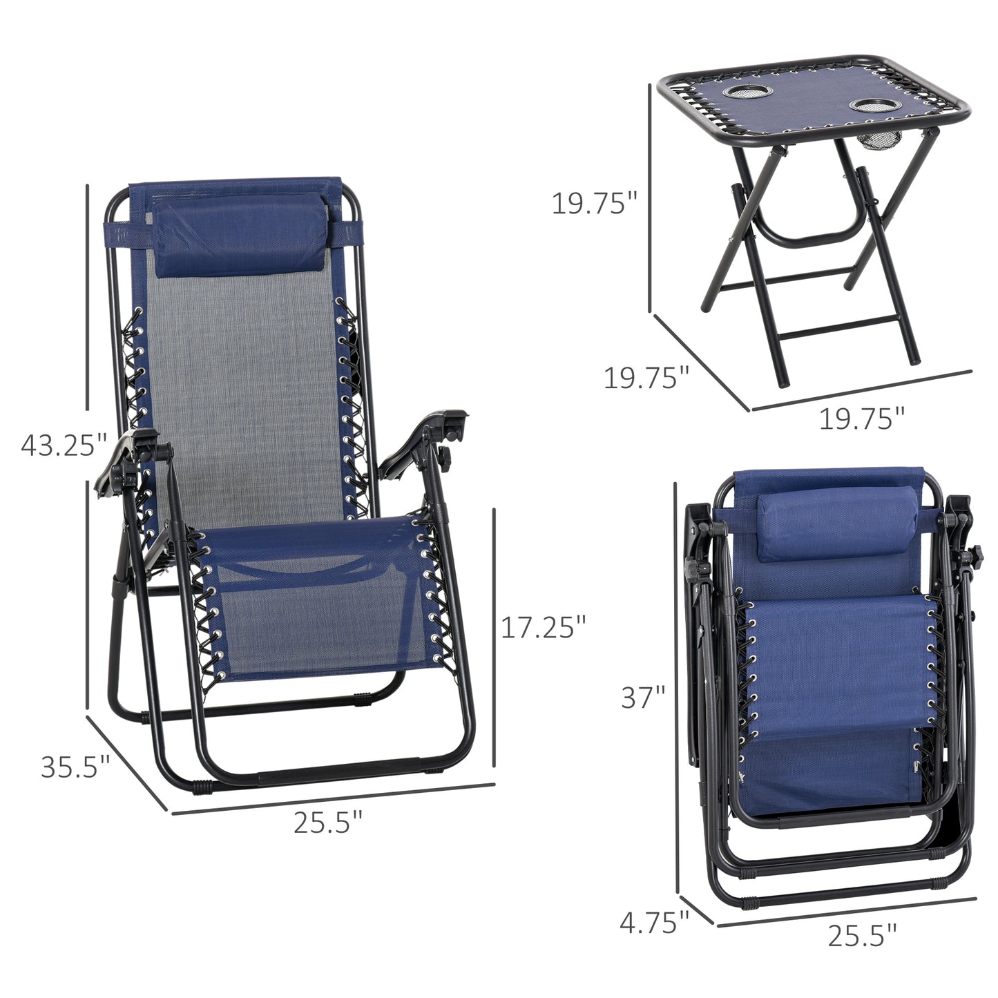 Zero Gravity Lounger Chair Set with Side Table, Patio Chaise Lounge, Cup Holders &; Adjustable Headrest, Blue Lounger Chairs   at Gallery Canada