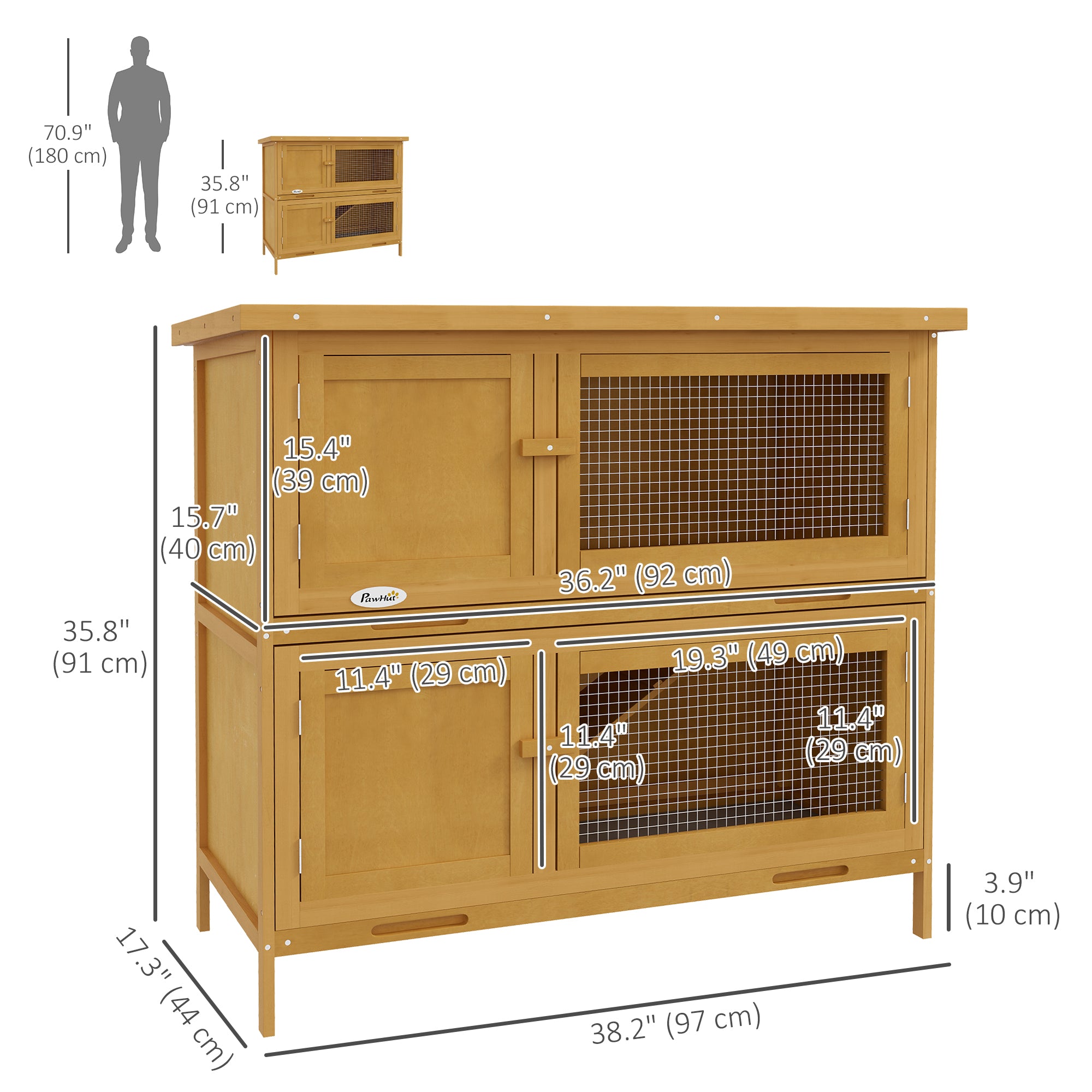 Wood Rabbit Hutch with 2 Large Main House, Ramp, Trays, Yellow Rabbit Hutch at Gallery Canada