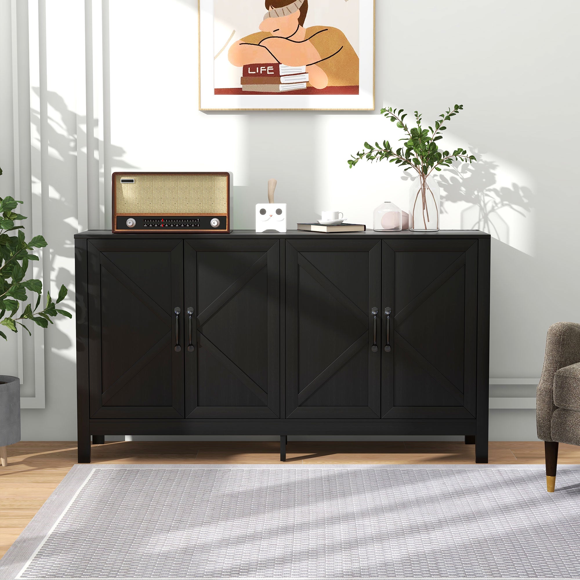 Sideboard Buffet, Storage Cabinet with Barn Door and Adjustable Shelf, TV Stand for TVs up to 65 Inches, Black Oak Bar Cabinets at Gallery Canada