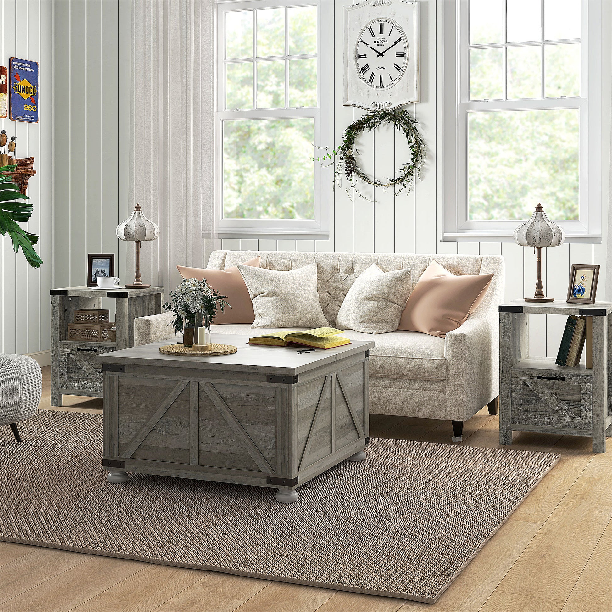 Farmhouse Coffee Table, Square Center Table with Flip-top Lids, Hidden Storage Compartment and Wooden Legs, Grey Coffee Tables   at Gallery Canada