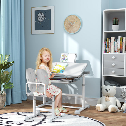 Height Adjustable Kids Desk and Chair Set with Tilt Desktop, Large Writing Board, Storage Drawer, Book Stand, Grey Kids Desk Sets   at Gallery Canada