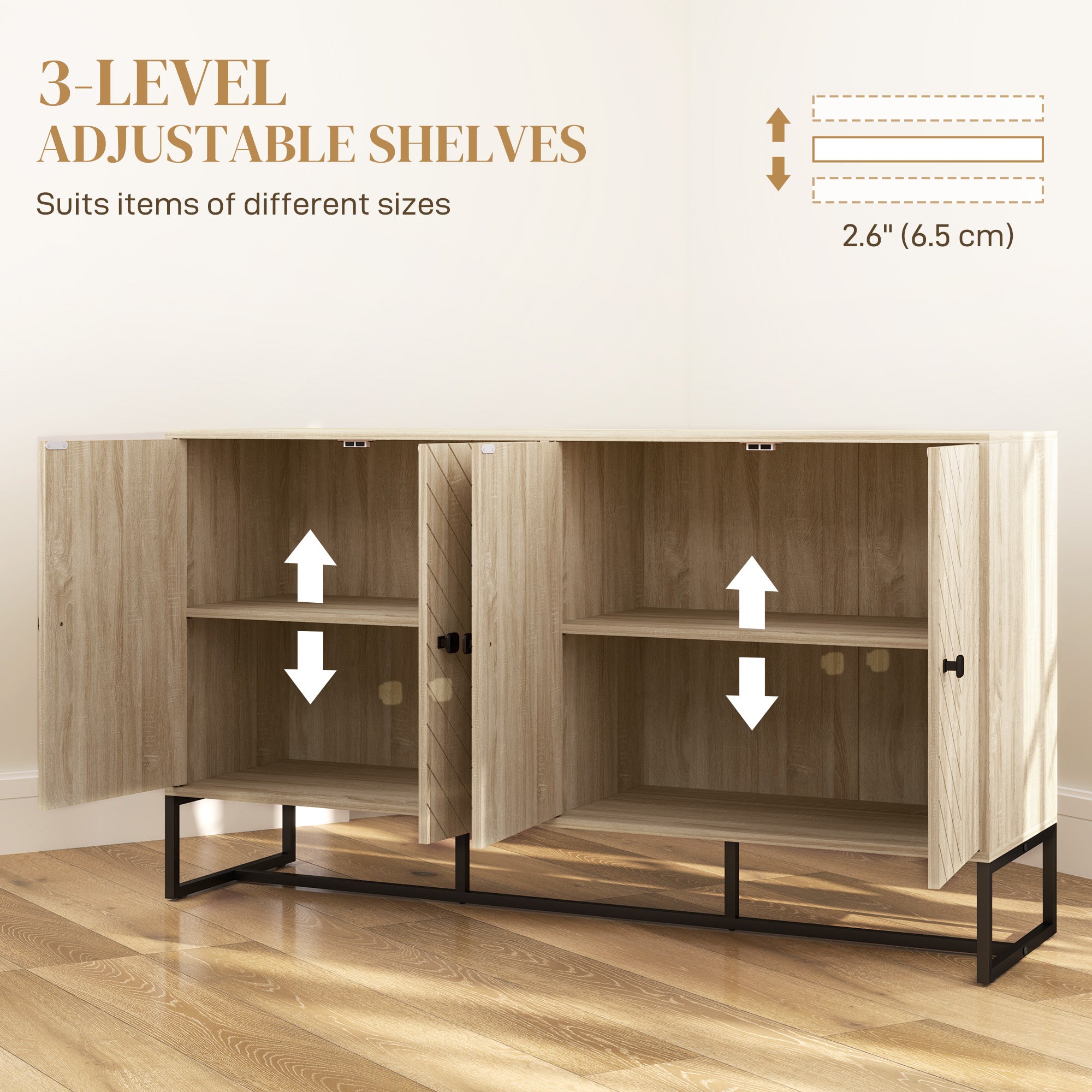 Sideboard Buffet Cabinet with 2 Adjustable Shelves and Steel Base, TV Stand, Coffee Bar Cabinet for Living Room, Oak Storage Cabinets at Gallery Canada