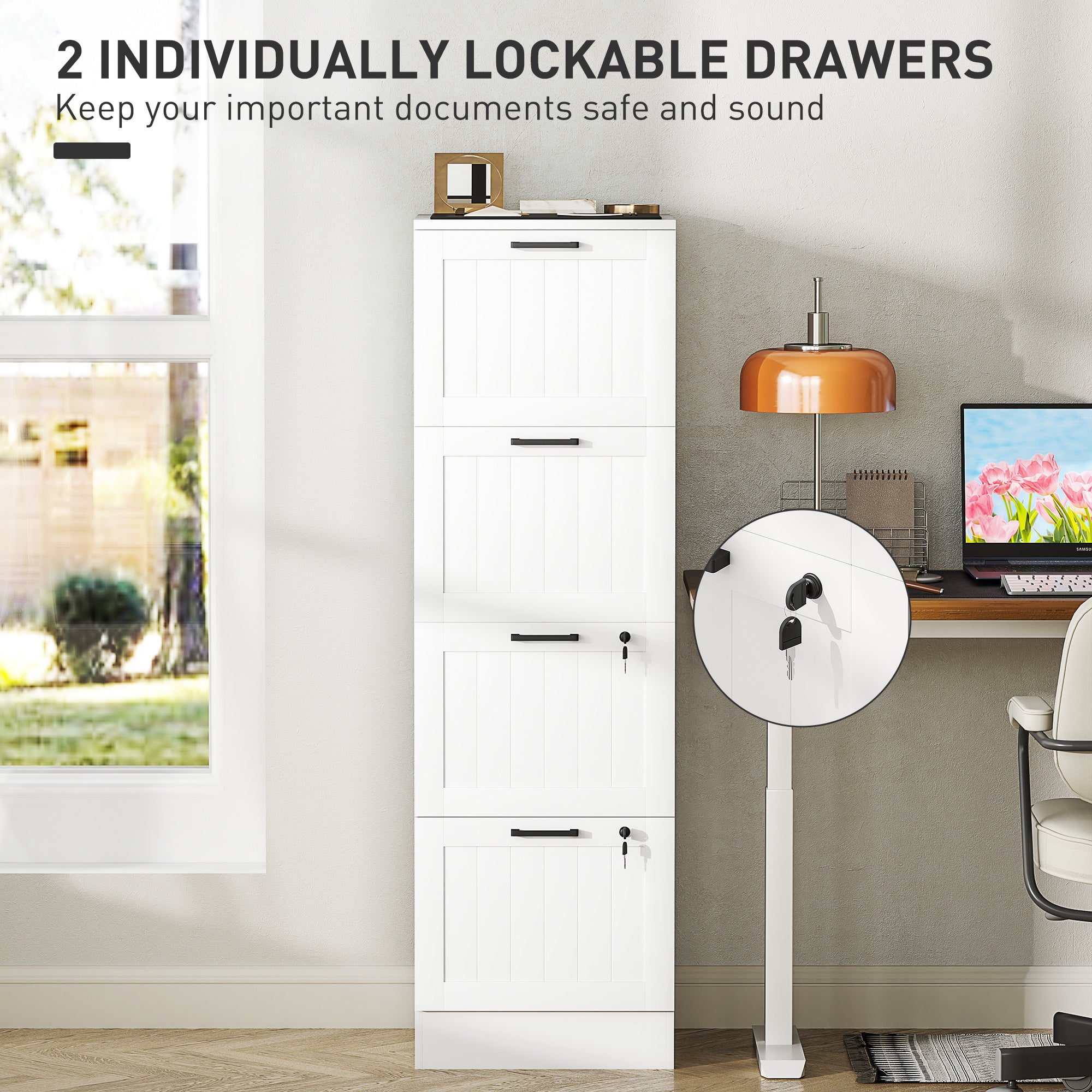 4 Drawer Filing Cabinet with Lock, Office Storage Cabinet with Adjustable Hanging Bars for A4 Letter Size Files, White Office Cabinets & Cupboards at Gallery Canada